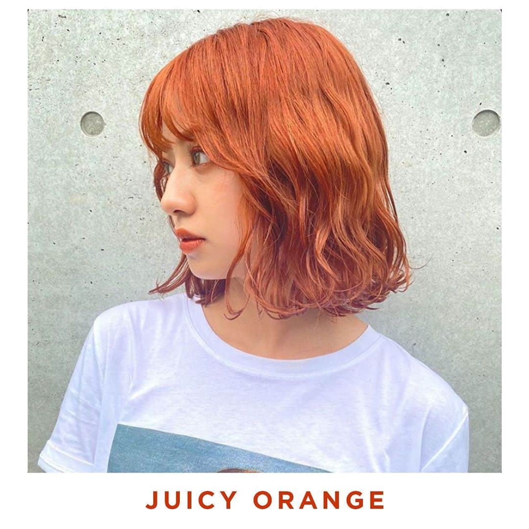 アディクシーカラー(ミルボン) のインスタグラム：「《juicy orange color🍊》﻿ ﻿ 今年大人気のオレンジカラー♡♡﻿ ﻿ たっぷり濃いめにいれることで﻿ オレンジベージュまでの色落ちが楽しめます❤︎﻿ ﻿ ウェーブでもストレートでも﻿ お洒落に決まるカラーなので﻿ 秋まで人気の予感です♡﻿ ﻿ 《レシピ》﻿ 　ペールオレンジ:0クリア＝２：１﻿ 　OXY3％ ﻿ ﻿ Designed by　@shiiiho_raa14」