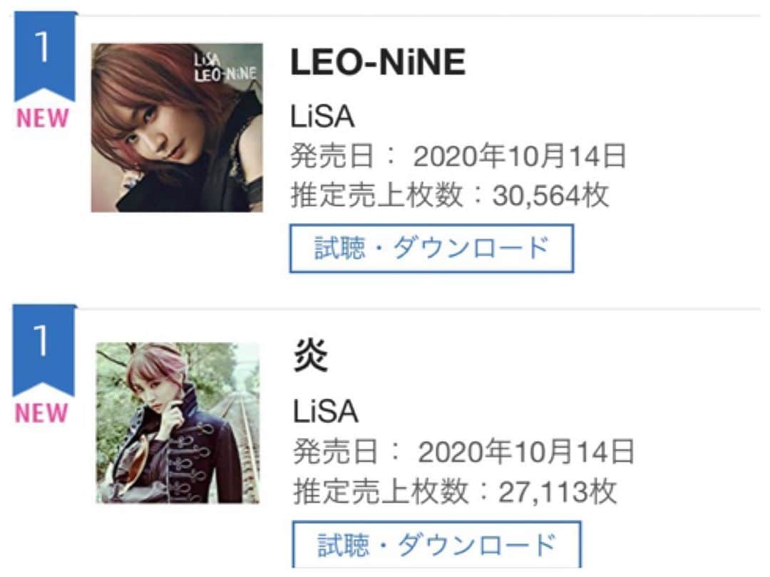 LiSAさんのインスタグラム写真 - (LiSAInstagram)「NEW SiNGLE「炎」& NEW ALBUM「LEO-NiNE」ついに発売。 シングル、アルバム、同時1位！！！🦁🔥 ありがとうございます。  RT 【祝】本日発売のLiSAアルバム「LEO-NiNE」・シングル「炎」が、10/13付オリコンデイリーアルバム、シングルランキングで W1位を獲得！ ありがとうございます！ 「炎」が主題歌の『劇場版「鬼滅の刃」無限列車編』も明後日16日に公開開始！ お楽しみに #LiSA #レオナイン #炎ほむら #鬼滅の刃」10月14日 21時48分 - xlisa_olivex