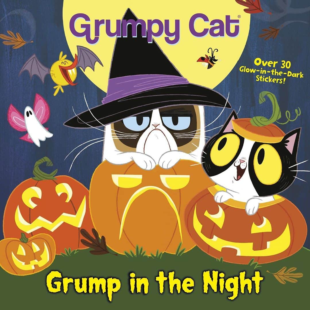 Grumpy Catのインスタグラム：「Available just in time for #Halloween! Grumpy Cat: Grump in the Night illustrated book from @randomhousekids Includes over 30 Glow-In-The-Dark Stickers!  Available at: http://grumpy.cat/GrumpInTheNight (Link in bio)」