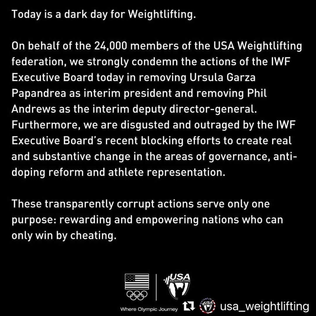 マッティ・ロジャーズのインスタグラム：「As an athlete, I don’t think there are even words to express the disgust and disappointment we currently feel. What the IWF board is doing is WRONG. We as a sport have had to prove time and time again that we are working towards a cleaner sport and we finally were moving in a good direction with the help of honest people in positions of power. At this time, I do not have any answers as to “how” we can help this situation, or if that is even possible as athletes and members of USAW. However, I do know that we are fighting this. We are at risk from being removed from the Olympics. And that is something myself and every other clean athlete in this sport never wants to see. There is also talk of our qualifying procedures for Tokyo 2020* being completely changed. As someone who has never and will never touch performance enhancing drugs, having EVERYTHING taken away by those who don’t share the same morals and choose to be dishonest is not something I will just stand back and watch unfold. If I get any further information on how as members we can help this fight, I will share here. Clean athletes in this sport exist & we do not deserve to be punished. Full statement on @usa_weightlifting   #Repost @usa_weightlifting with @make_repost ・・・ Statement from members of the USA Weightlifting Board of Directors about actions taken by @iwfnet Executive Board today. Swipe to read the statement. #CleanSport」