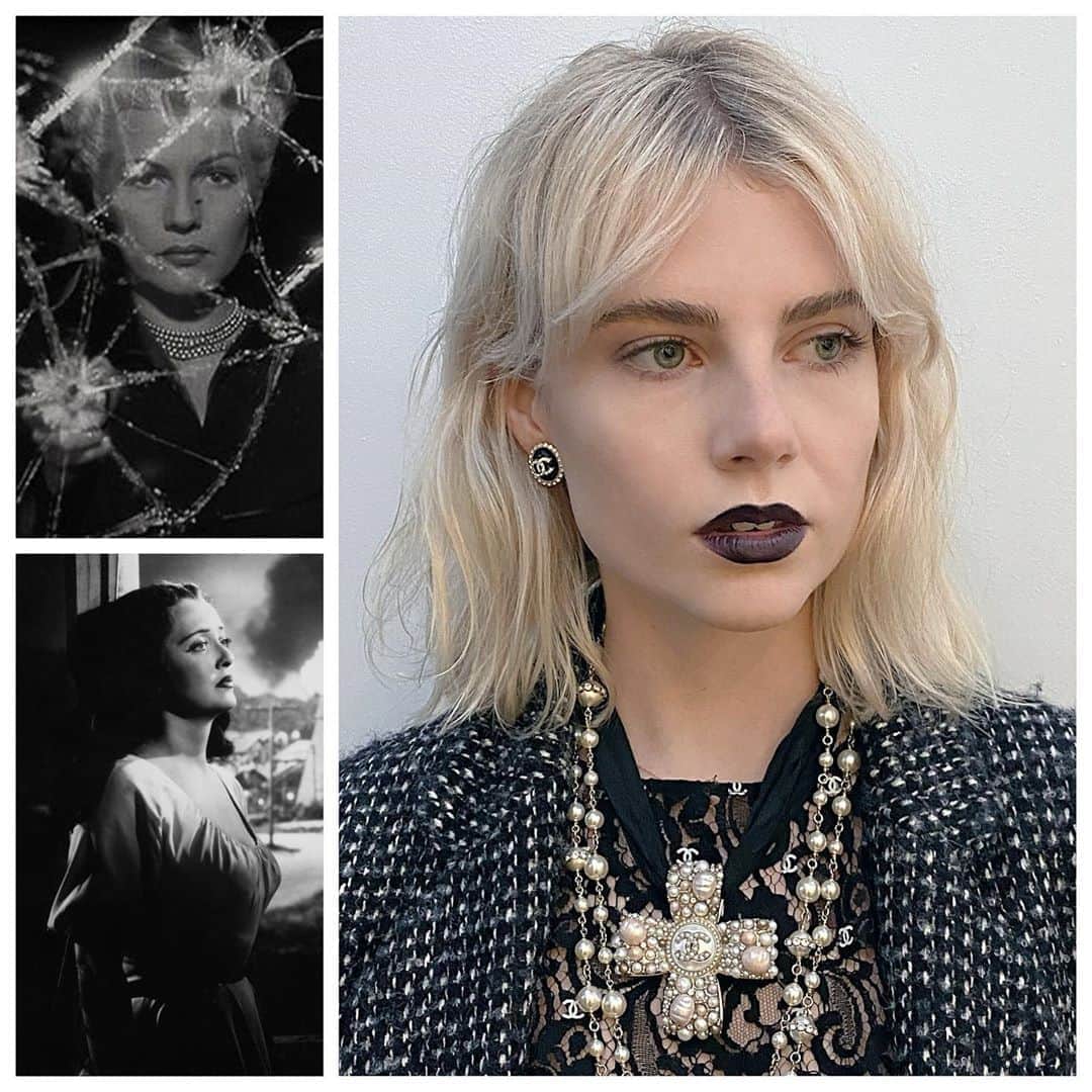 JO BAKERのインスタグラム：「L U C Y • B O Y N T O N 🇬🇧 Film noir feels..... I love how these #filmnoir #femmefetale stars reigned  and commanded the screen.  Powerful, strong, emotive , striking, thrilling, dramatic, intense ladies.... heres a couple cool films #lucyboynton herself recommends for you this moody weather month!!!  1- Psycho  2- Don’t look now  3- Rear Window   Style @leithclark @chanelofficial  Hair @fabiopetri  Makeup by me #jobakermakeupartist using #hysteric from my @chanel.beauty archives see previous post to glimpse this rare treasured lipstick. If you want a wearable vamp for #fallwinter ... there’s no better than the classic #rougenoir @welovecoco swipe left to see.  SHOW ME YOUR VAMP LIP PICS - TAG ME I WANNA SEE!!! 🖤👻🕸🏴‍☠️ #💋」