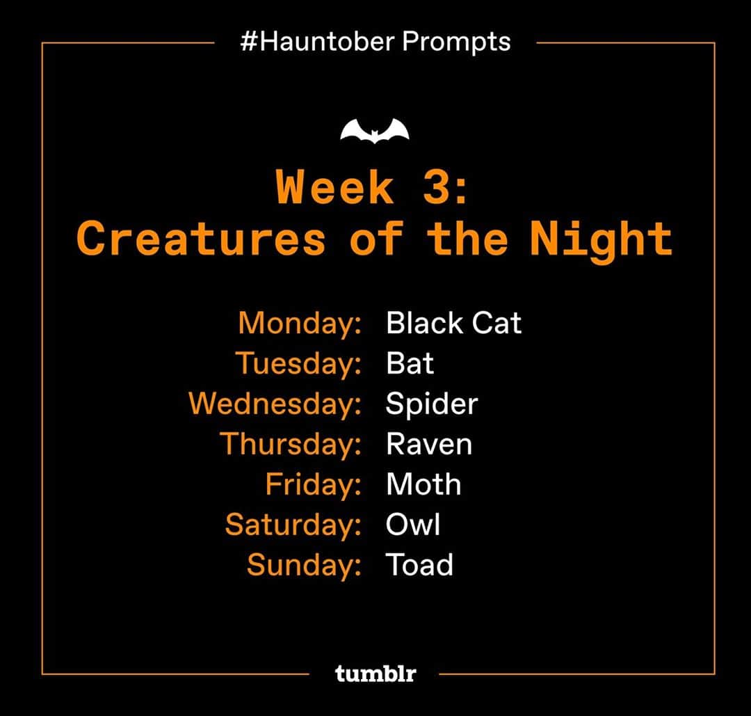 のインスタグラム：「Feeling inspired? This week’s #Hauntober prompts focus on frightening, furry, and fierce creatures, so get creative and unleash the wilderness within! Check out our link in bio for more prompts and info. 🦇」
