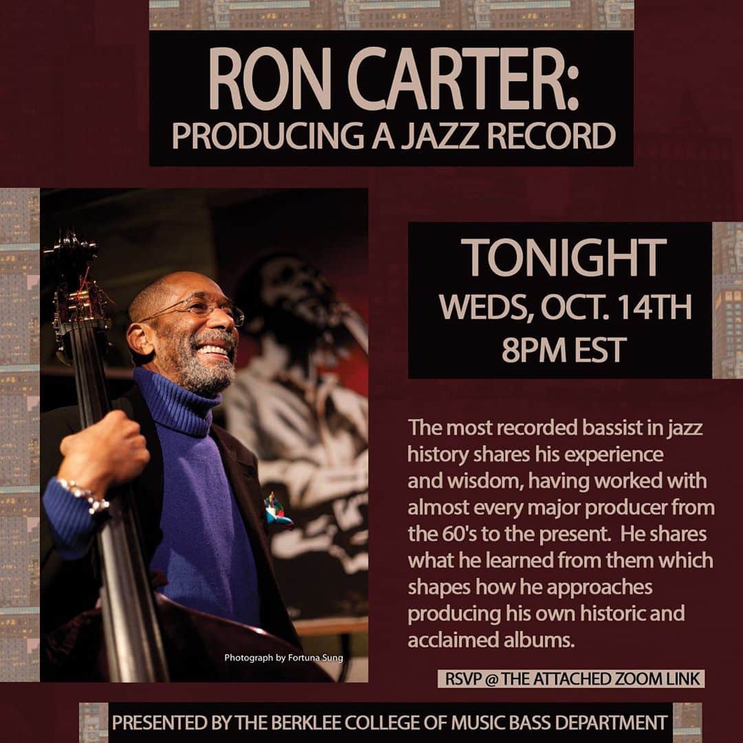 ヴィクター・ウッテンのインスタグラム：「Ron Carter on Producing a Jazz Record - Happening tonight - Free! I’ll see you there.   https://berklee.zoom.us/webinar/register/WN_4pc4tz5WQ129Y9dkJJ19nA」