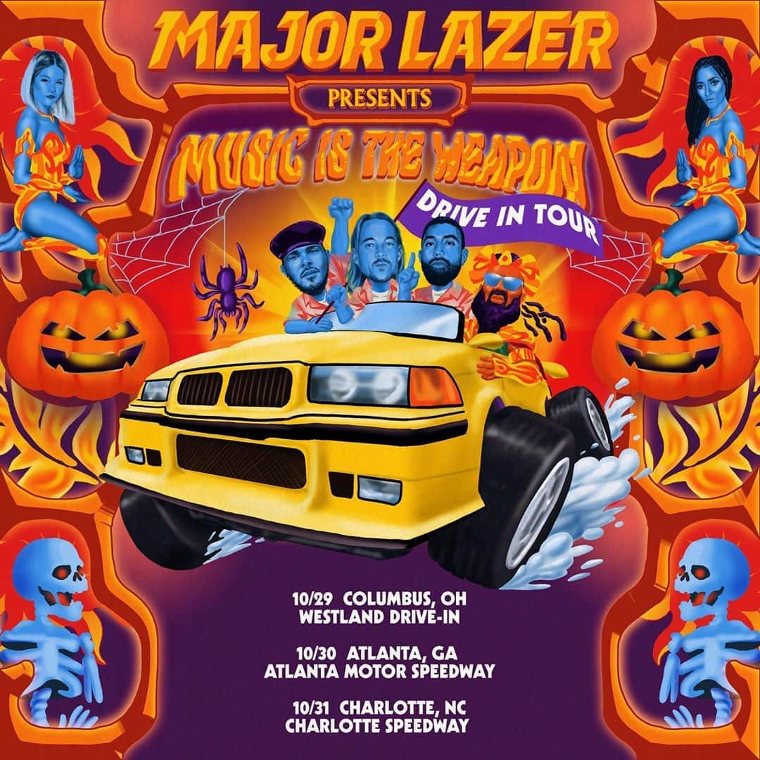 メジャー・レーザーのインスタグラム：「HALLOWEEN ISNT CANCELED. DRESS UP AND DRIVE OUT - TIX ON SALE NOW. LINK IN BIO🎃」