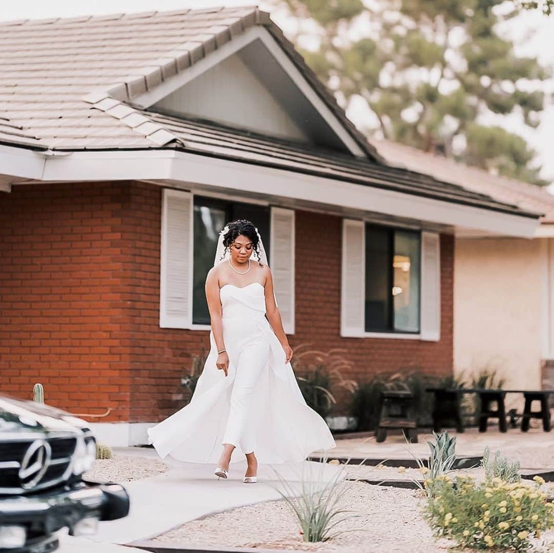 のインスタグラム：「There is no better feeling than knowing we helped a bride look gorgeous on her special day. We can't get over how stunning @jazzminbree looks in our Caine Color Block Jumpsuit // #BHMUSE⁠⠀ ⁠⠀」