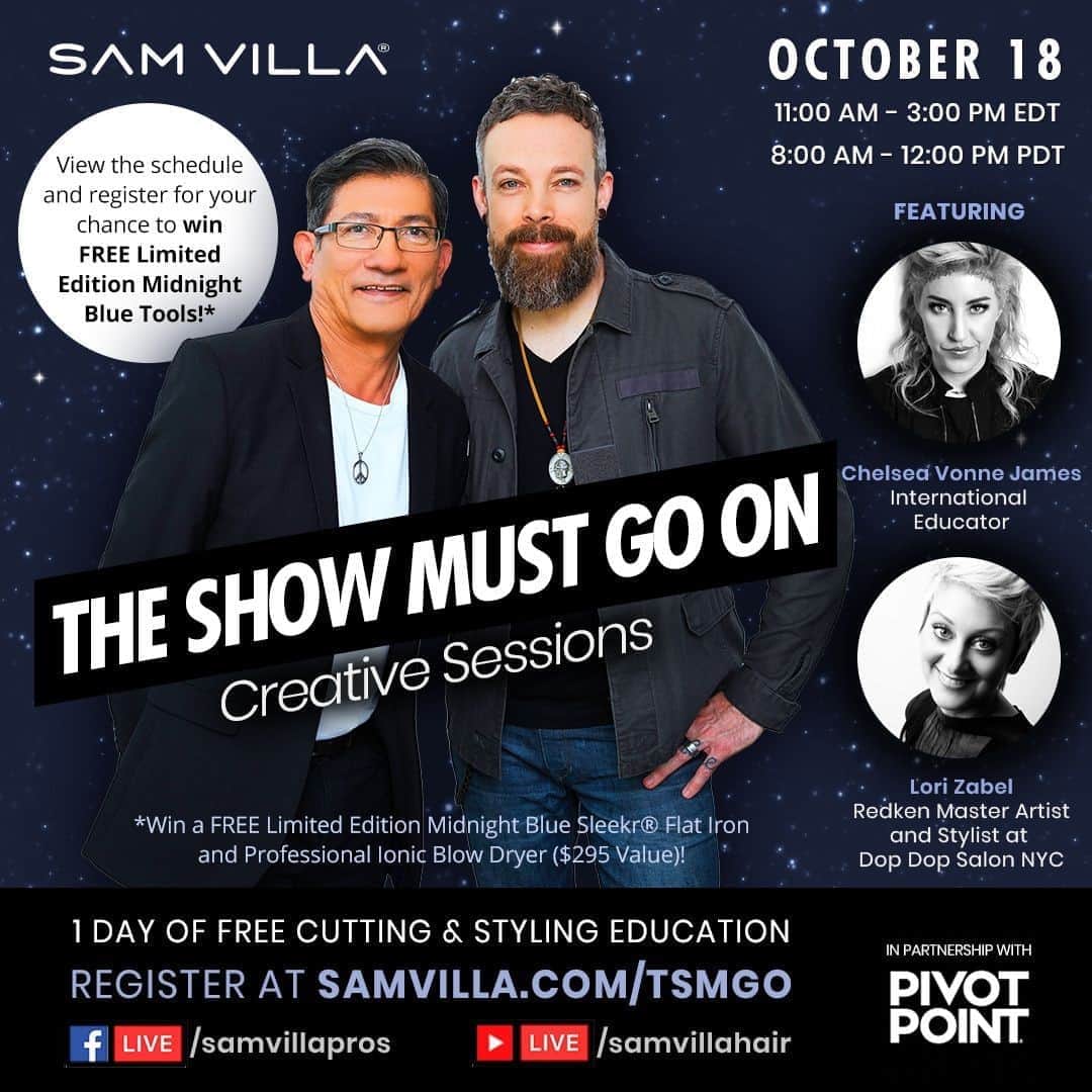 Sam Villaさんのインスタグラム写真 - (Sam VillaInstagram)「1 DAY OF *FREE* CUTTING & STYLING EDUCATION. Register through the link in bio. ⠀ ⠀ When you register for The Show Must Go On you'll be entered to WIN a FREE Limited Edition Midnight Blue Sleekr® Flat Iron and Professional Ionic Blow Dryer ($295 Value)! ⠀ ⠀ Education by #SAMVILLA. Global Artistic Ambassador, @Redken 5th Ave & Co-Founder, Sam Villa®, ANDREW CARRUTHERS, Education Director, Sam Villa® @andrew.carruthers, CHELSEA VONNE JAMES, International Educator @chelseavonnejames, and LORI ZABEL #Redken Master Artist and Stylist at Dop Dop Salon NYC @lorizabel.⠀ ⠀ #TSMGO #TheShowMustGoOn #SamVillaEducation⠀ #SamVillaCommunity」10月15日 1時34分 - samvillahair