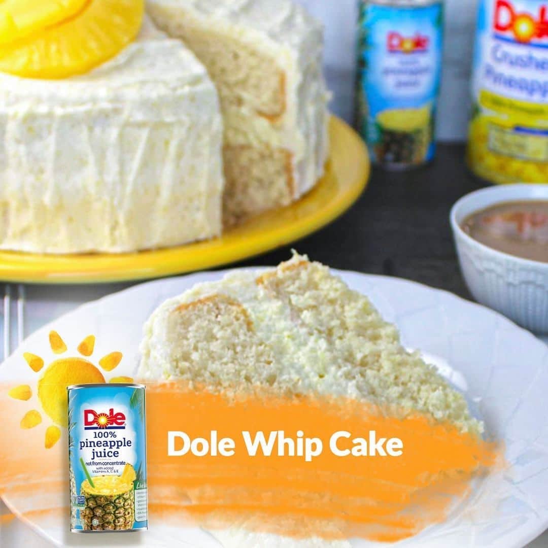 Dole Packaged Foods（ドール）のインスタグラム：「Dole Whip®, but make it cake! Perfect for any occasion from birthdays to Wednesdays. #NationalDessertDay  Ingredients  1 can (20 oz.) DOLE® Crushed Pineapple 1 box (2-layer) white cake mix 1 cup whole milk 1 cup unsalted butter, room temperature and cubed 1 cup plus 5 tablespoons all-purpose flour, divided 1-3/4 cup sugar divided 3/4 plus pinch teaspoon salt, divided 4 egg whites 2 tablespoons vegetable oil 1-1/2 cup plain Greek yogurt, divided 1-1/2 teaspoon vanilla extract, divided 1 can (6 oz) DOLE Pineapple Juice 1 box (4 servings) pineapple flavored gelatin 1/2 cup cold water 1 container (8oz) thawed whipped topping  Directions 1. Preheat oven to 325°F.  Spray two (9-inch) round baking pans with cooking spray and line with parchment or wax paper. 2. Press crushed pineapple through a sieve to drain well, reserving the juice.  Juice should measure about 1-1/3 cups.  Set aside.  Add pineapple to food processor and process until pureed. Set aside. 3. Combine cake mix, 1 cup flour, 3/4 cup sugar, & 3/4 teaspoon salt in a large bowl.  Whisk to combine.  Add egg whites, oil, 1 cup yogurt, 1 teaspoon vanilla, reserved juice, and half of the reserved pineapple puree.  Mix with a hand mixer for 2 minutes. 4. Divide batter between prepared baking pans.  Bake for 35 minutes or until a wooden pick inserted in the middle comes out clean. 5. Meanwhile, heat pineapple juice to boil and add gelatin.  Stir until completely dissolved.  Add cold water and stir to combine.  Allow to cool to room temperature.  Fold in remaining 1/2 cup yogurt and whipped topping until well blended.  Cover and chill until set, about 1 hour. 6. Combine remaining 5 tablespoons flour, 1 cup sugar, and milk in a small pan.  Whisk until smooth.  Heat over medium heat, stirring, until mixture comes to a simmer.  Continue to cook and whisk for 3 minutes, until mixture thickens.  Remove from heat and cool to room temperature.  Beat in 1/2 teaspoon vanilla, pinch of salt, and butter one cube at a time, ensuring frosting is smooth.  Fold in remaining pineapple puree.  7. Spread filling over bottom layer of cake.  Top with second layer.  Spread frosting over cake.  Chill cake.」