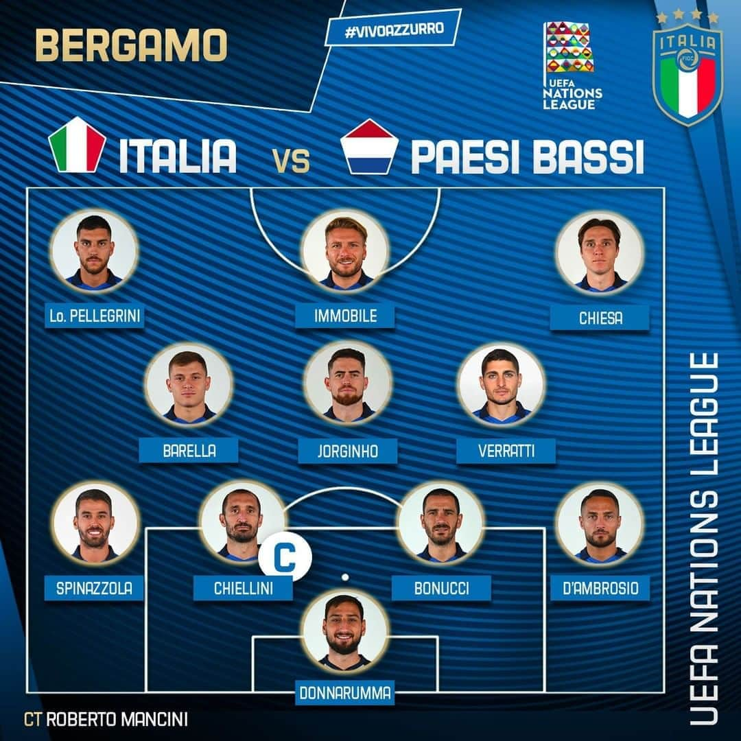 サッカーイタリア代表さんのインスタグラム写真 - (サッカーイタリア代表Instagram)「FORMAZIONE Gli 1️⃣1️⃣ #Azzurri 💙 scelti dal Ct Roberto #mancini  📋 The Italy team for tonight's clash with the Netherlands 💪  🇮🇹🇳🇱 #ItaliaPaesiBassi  🏟 Bergamo ⏱ h 20.45, diretta tv #Rai1  #UNL #NationsLeague #ITANED #Nazionale #VivoAzzurro」10月15日 2時33分 - azzurri