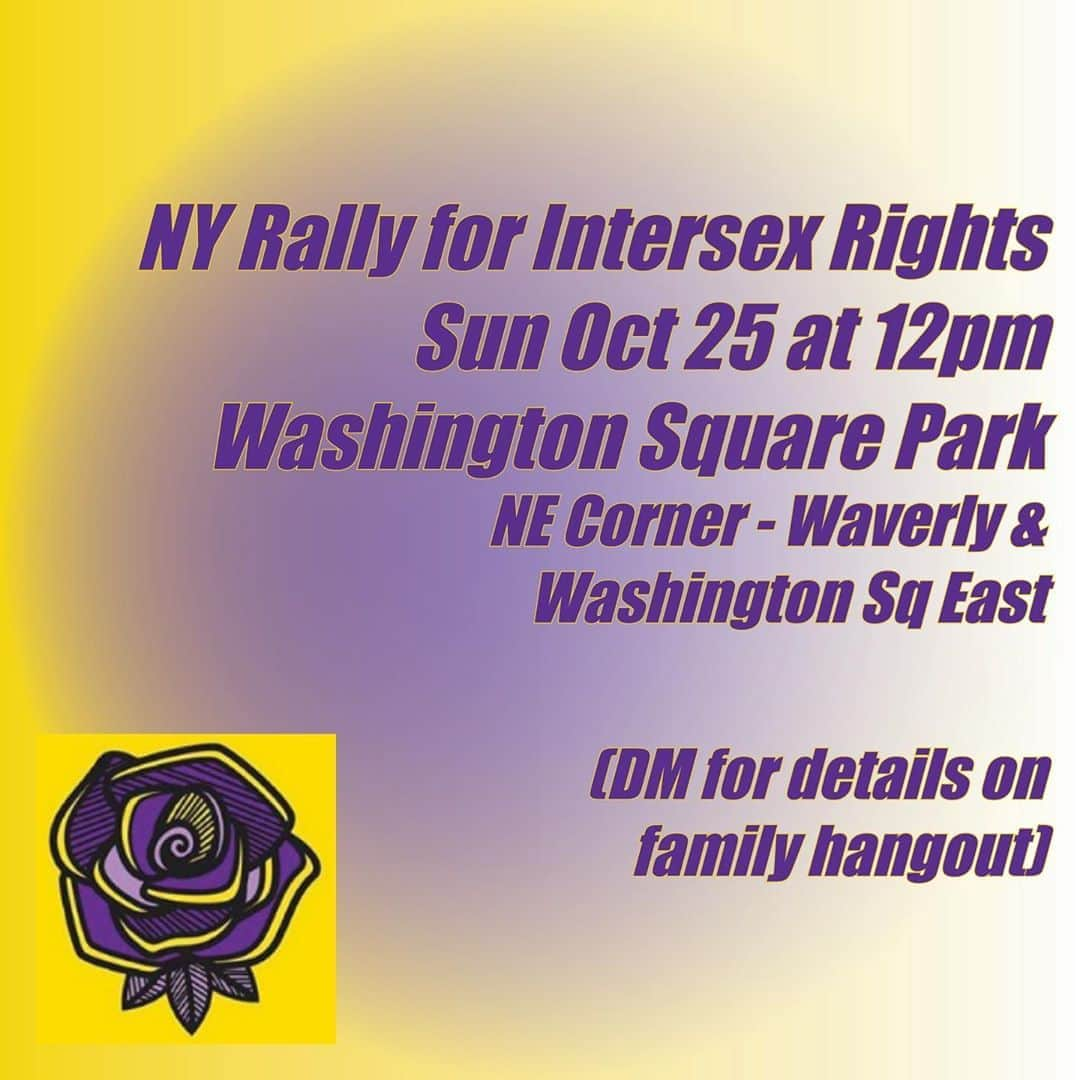 ハンネ・ギャビー・オディールのインスタグラム：「Hey everyone!  This is a peaceful action in support of NYC legislation INT. 1748-2019 to create education for health care providers and parents of intersex newborns. We are working on an amendment for the bill to require a community advisory board of people with lived intersex experience to avoid enacting further harm upon our community. By us for us! Intersex people are worthy of competent care and bodily autonomy. Come support a speak-out centering cultural responsiveness for intersex people & a demand to end medical discrimination! If you’re part of the LGBTQIA2S+ community, don’t drop the “I.” Come party! We hope to see community next weekend ❣️  NY Rally for Intersex Rights. Sunday October 25 at 12pm EST. Meet at the NE corner of Washington Square Park. WEAR A MASK 😷  DM @hannegabysees or @wickedlittletown with any questions and/or to RSVP for our intersex friends & family dinner October 26 🖤   PLEASE SHARE THIS POST 🙏💜💛💜💛  #byusforus #intersex #intersexpride #intersexy #lgbtqi"#stopigm #endintersexsurgery #intersexawarenessday」