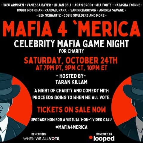 コビー・スマルダーズのインスタグラム：「You guys let’s hang!!! Join me for #Mafia4Merica, a virtual game of Mafia hosted by @tarzannoz, happening LIVE on Saturday, Oct. 24 on @loopedlive! Proceeds from this livestream charity event will support @whenweallvote, so grab a ticket now at events.loopedlive.com/mafia4merica. Direct link in my stories!」
