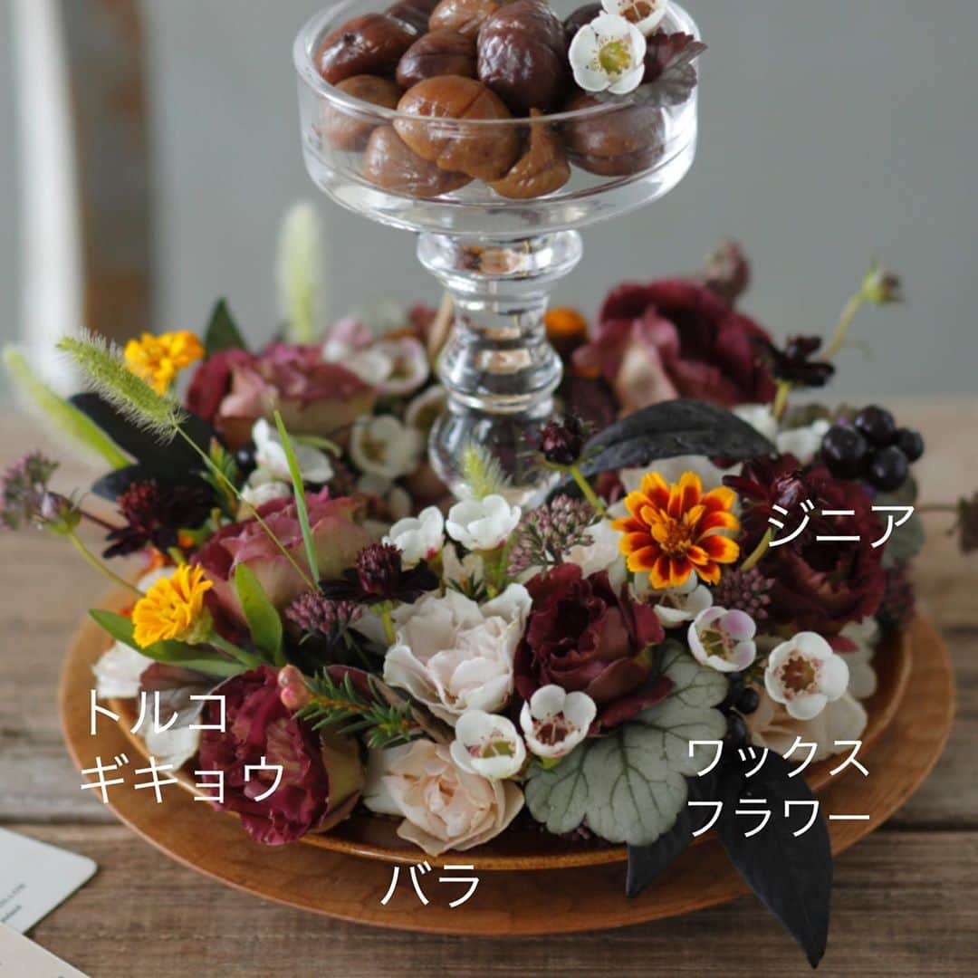 雑誌『花時間』さんのインスタグラム写真 - (雑誌『花時間』Instagram)「おはようございます。﻿ ﻿ 食欲の秋。お花においしいものを添えて飾ってみませんか？﻿ ﻿ このアレンジでは、栗🌰🌰🌰！ それも…剥いた天津甘栗なんです。﻿ ﻿ お皿の上に、足つきのガラス器を置いて栗を盛ると、天津甘栗とは思えない高級感（笑） ﻿ 足元には、小さなリースベースをセットしています。﻿ ﻿ 栗に合わせた茶系のお花は、トルコギキョウ。 ﻿ で、その名前がね…聞いただけで酔っ払ってしまいそうな名前なんです。﻿ ﻿ 3枚めのpicを見て。﻿ ﻿ アンバーダブルバーボン🥃﻿ ﻿ 内側が秋らしいブラウンで、外側の花弁は淡い緑色。﻿ ﻿ 外側を見せるかどうかで、印象が変わるお花ですね。﻿ ﻿ では、本日も元気smile😊😊😊で頑張りましょう！  byピーターパン﻿ ﻿ 花 @shirokuma_seikaten  写真 @satomi.ochiai78  #flowers #flowerslovers #flowerstagram #flowerarrangement  #花時間 #花時間2020 #花好き #花藝 #花好きな人と繋がりたい #花が好きな人と繋がりたい #花のある生活 #花のある暮らし #花を飾る #花を飾る生活  #秋の花 #トルコギキョウ #食欲の秋 #ビタミンf  #テーブルリース  #ワックスフラワー  #ジニア #花屋さんへ行こう」10月15日 9時13分 - hanajikan_magazine