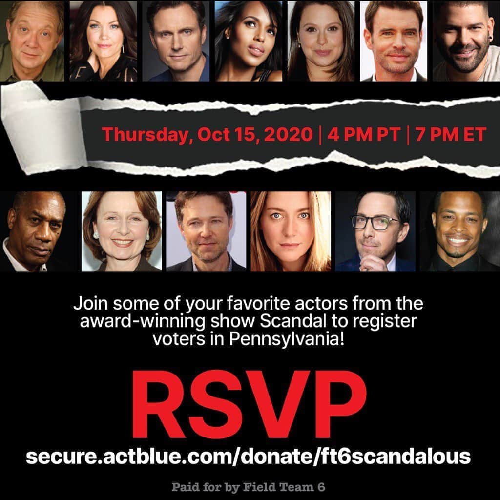 のインスタグラム：「Tomorrow!  A #Scandalous reunion!  Sign up!  LINK IN BIO.  #scandal #scandalfam @actblueorg #VOTE」