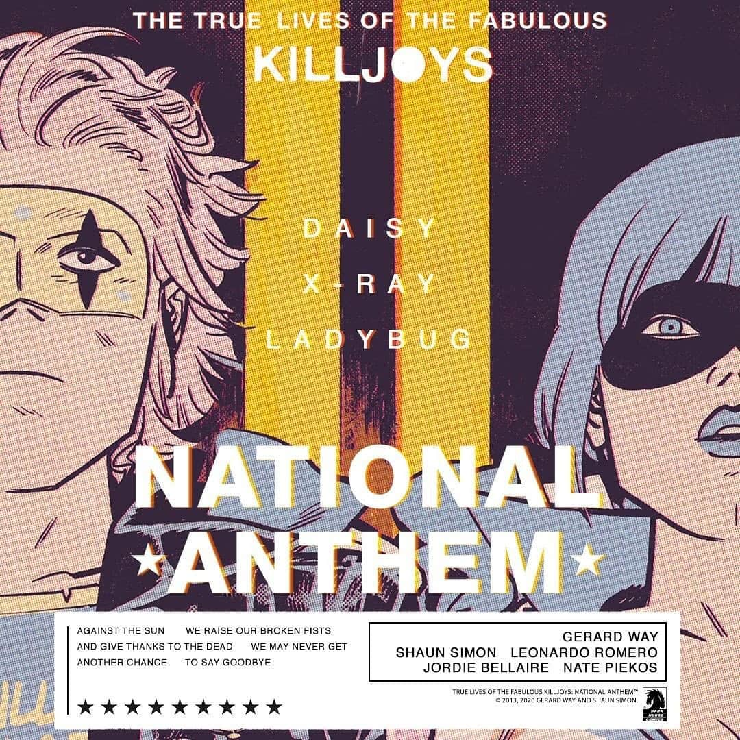 ジェラルド・ウェイのインスタグラム：「Out now! • @darkhorsecomics Today, more than ever... Look Alive, Sunshine!  The Killjoys are back in The True Lives of the Fabulous Killjoys: National Anthem, issue #1 new this week! By @gerardway, Shaun Simon, @leo_romero11, @whoajordie, @natepiekos, with variant covers by @beckycloonan and @prentler. Available wherever comics are sold, starting today. Make some noise!  #killjoys #truelivesofthefabulouskilljoys #NCBD #MCR #darkhorsecomics」