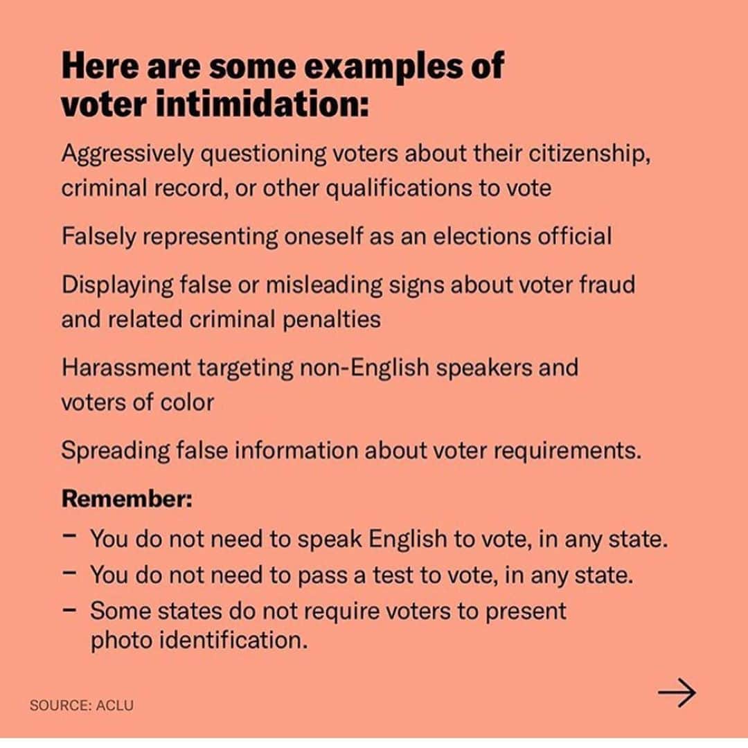 ジャック・ファライーさんのインスタグラム写真 - (ジャック・ファライーInstagram)「Know your rights as a voter! Swipe to see what the ACLU has to say about voter intimidation and what you can do about it. Voter disenfranchisement/suppression in this country is very real— but you have the right to vote safely. Michiganders, iwillvote.com/mi has everything you need for voting early in Michigan. Have you voted yet? #FlipTheMitten #MIearlyvote」10月15日 7時05分 - jackfalahee