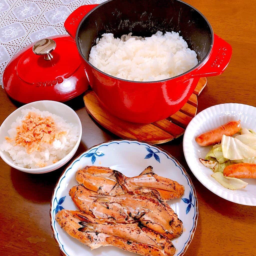 うえむらちかのインスタグラム：「本日の #うえむらちかのおうちごはん は﻿ ﻿ @staub_japan の「La Cocotte de GOHAN」で炊いたごはん🍚💕﻿ ﻿ 三食ご飯が食べたい‼️﻿ 毎日白米と共に生きていきたい‼️﻿ そんな、お米大好き人間である私が﻿ 探し抜いた炊飯土鍋🔥﻿ ﻿ IH⭕️﻿ 直火⭕️﻿ オーブン⭕️﻿ 全ての熱源で炊ける最強仕様﻿ ﻿ もっとおいしいごはんが炊けるココットを！と新しく開発された究極のココット「La Cocotte de GOHAN　ラ・ココット de GOHAN」は、高い蓄熱性を誇る羽釜のカタチをした鋳物ホーロー鍋﻿ ﻿ #staub の鍋は前から知っていたんですが﻿ まさか炊飯専用のお鍋があるなんて、、と小躍りしていました💃﻿ ﻿ これから水分や火加減など調整していって﻿ 自分の好みのお米が炊き上がるところまで研究したいと思います😉✨﻿ ﻿ なんのお米が良いのかとかどんなオカズが合うのかとか﻿ 楽しみが広がりますね🤤﻿ ﻿ staubの器も誕生日プレゼントで届きました﻿ 本当にありがとうございます🎁﻿ ﻿ #staubごはん #staub料理  #staubデビュー #staubcocotte  #staublechawan #lacocottedegohan  #staubご飯 #炊飯土鍋 #土鍋 #誕生日プレゼント #白米大好き」