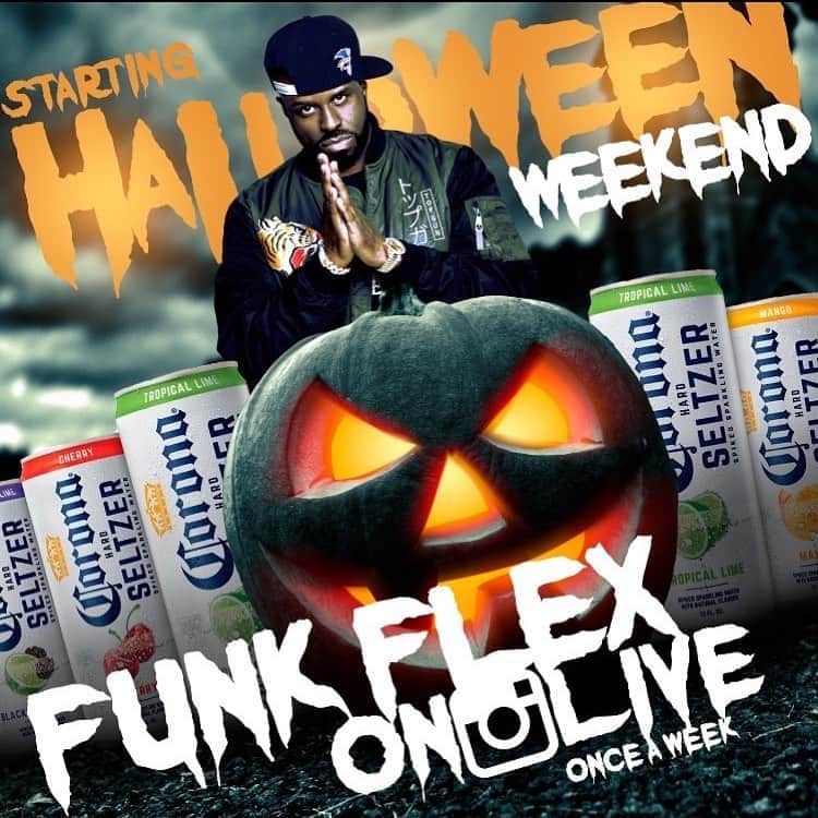 ファンクマスター・フレックスのインスタグラム：「HALLOWEEN WEEKEND! FUNKFLEX ON THE SET LIVE ON IG! Made Hot By @coronausa PLAYING ALOT OF EXCLUSIVES! PLAYING A FEW JOINTS OFF MY ALBUM!」