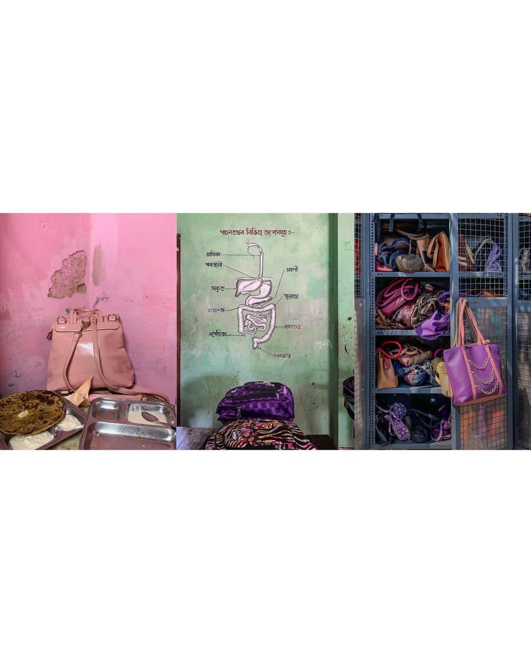ジョン・スタンメイヤーさんのインスタグラム写真 - (ジョン・スタンメイヤーInstagram)「A tale of unusual connected moments, told through the narrative of bags scattered across India. On my third day, in the corner of a dhaba in Amritsar, Punjab, slightly more than a paper airplane toss from the Golden Temple, was a bag on the table. The soft spoken lady who sat next to us asked if we'd watch over her pinkish mauve bag while she used a nearby bathroom. Never did she realized how beautiful it was against a pink wall behind her not so beautiful uneaten food… A young girl's purple school bag in a classroom of science in Dhubri, Assam. She left it resting in front of a wall mural, reminding us that under our skin, we are all the same… And a locker at a garment factory located in the middle of nowhere Benganur, in the southern state of Karnataka, overflowing with purple and pink handbags. The wonderful ladies who own these colors sew clothing you're likely wearing from the Gap, Columbia and H&M, earn just 323 Rupees (USD 4.40) per day. Everything around us has a story, connecting all of us. ⠀⠀⠀⠀⠀⠀⠀ India’s Daunting Challenge: There’s Water Everywhere, And Nowhere - Chapter 8 of the @outofedenwalk, my latest story in the August 2020 of @natgeo magazine. ⠀⠀⠀⠀⠀⠀⠀ #triptych #nothingspecial #bags #handbags #purple #pink #mauve #wasterfood #schoolbag #biology #intestins #locker #garmentfactory #amritsar #punjab #dhubri #assam #benganur #karnataka #peace #love #india @natgeo @outofedenwalk #walkingindia #edenwalk」10月15日 11時49分 - johnstanmeyer