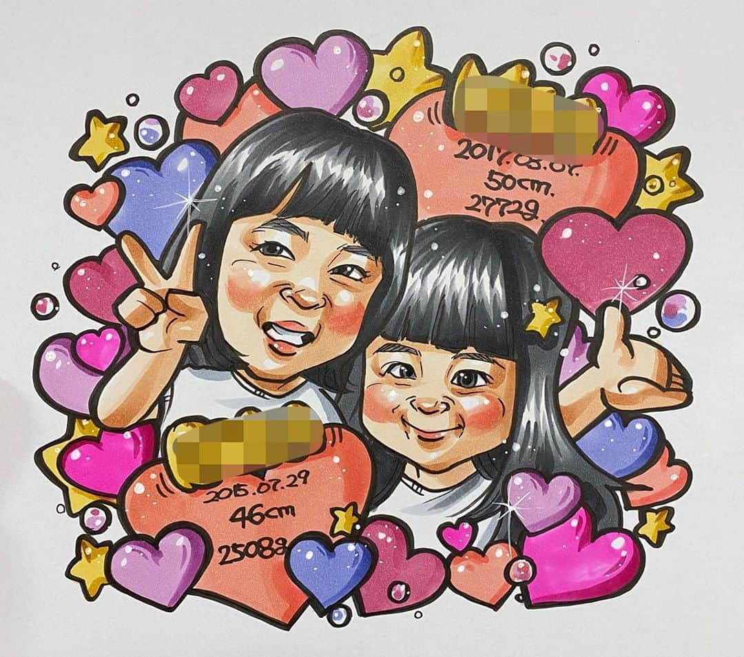 似顔絵★𝗚𝗢𝗥𝗜𝗞𝗜𝗡𝗚のインスタグラム：「. . 同じ方からの②枚目💕✨ 　. . . . こちらは、姉妹ちゃんお二人を💕 女の子らしく可愛いハートで埋め尽くされてます❤️💜💙💛✨  . . 御依頼主さんはまさかの高校の同級生でした💕久々にやりとりできて楽しかった😚❤️ ご依頼ありがとうございました🙇‍♀️✨  . . .  ❌❌現在は、予約受付終了してます❌❌ 。 . . .  2020年度ご予約のお客✨ 現在85番までの方へ案内中です🌟✨💕 DMの確認いただきgmailへ返信宜しくお願い致します🙇‍♀️🌟✨✨ . . . .  次回の予約応募は、2020年のご予約分を書き終える予定の 来年春から夏頃の、、、予定です。 ※あくまでも予定なので前後します🙇‍♀️ . . . .  オーダー再開の際には 人数制限あるため必ず予約ができるわけではございません。 そのことも踏まえた上で 次回ご検討いただけると嬉しいです(^^) . . また、結婚式の使用を考えてくださる方も多いです✨  前々からお伝えしていますが、 基本的に予約順に対応しているため、 近々の納期を希望される方は、 対応できないこともあるので、 あらかじめご了承ください💦 . . . . . ※今回予約が取れた方へ※ . .  写真がまだ用意できてない、入金が遅れそうなど、状況により、順番が前後することもございます‼️ あらかじめご了承ください。 。 . . . また、芸能人、キャラクターのオーダー、パロディ風オーダーはお断りしています。  芸能人については、ご本人様に直接プレゼントなどはOKです。 . . . . . . 💰料金表は過去投稿記事みてね❤💰 . . . . . ➡️ハッシュタグ⇨ goriking117料金表2019⬅️ . . ✨✨✨✨✨✨✨✨✨✨✨✨✨✨✨✨ @by.goriking のアカウントでは、 過去書かせて頂いたお客様方からの、 似顔絵のその後のお写真をいただき、 投稿しております^ - ^❤️❤️ 玄関に飾ってある似顔絵、 渡した瞬間のお写真、 ご本人とのお写真などなど💕 いろんな場面でのお写真お待ちしております^ - ^✨⭐️ . . . .  #似顔絵#pencildrawing#drawing#pencil#illust#painting#art#artwork#絵描きさんと繋がりたい#似顔絵師#gorikingの似顔絵屋さん#仲良し家族#仲良し姉妹#姉妹#ハート#ラブリー#❤️#可愛いkids#kids_japan#comicart#anime#animeart#comicartist#animejapan」