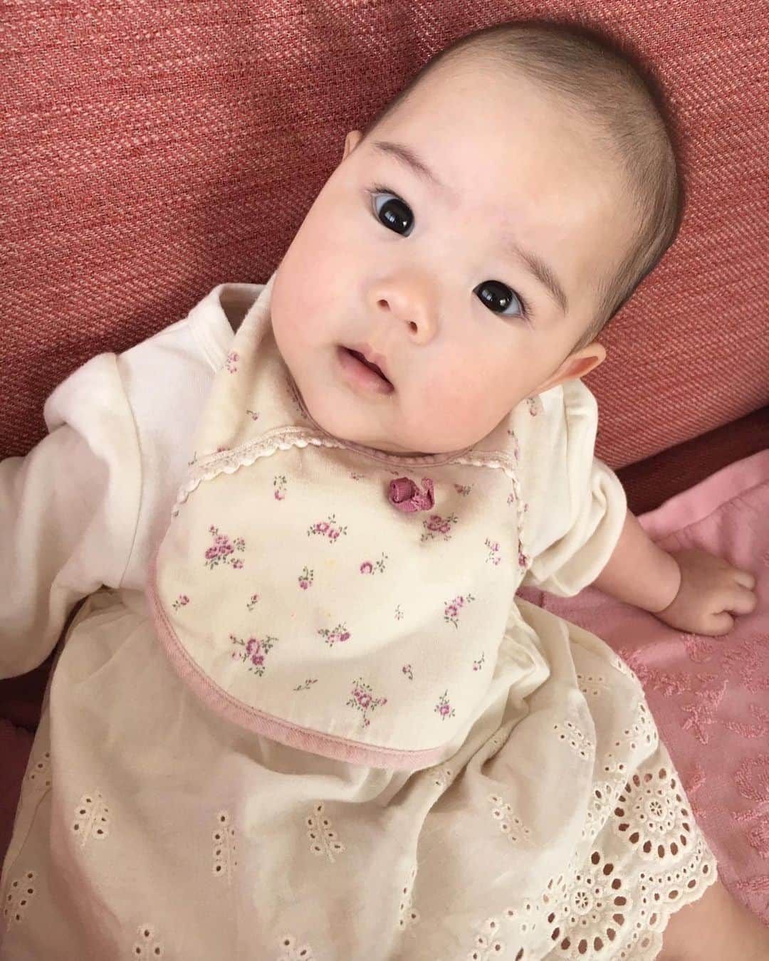 上原さくらのインスタグラム：「キョトン😳 #baby #babygirl #赤ちゃん #赤ちゃんのいる生活 #親バカ部 #可愛い #可愛い女の子 #娘 #愛娘」