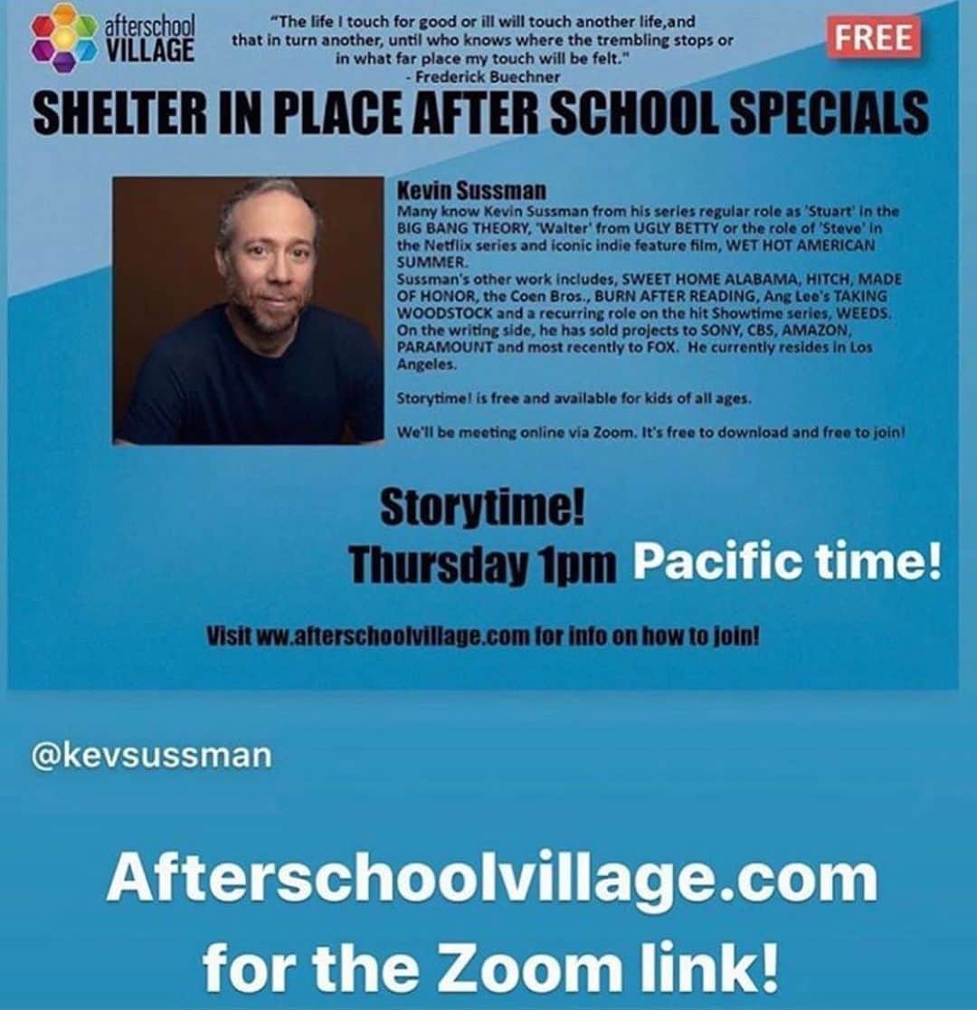 ケヴィン・サスマンのインスタグラム：「1PM Pacific time today! Get the Zoom link at AfterSchoolVillage.com」