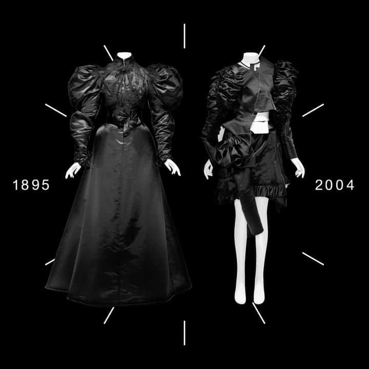 のインスタグラム：「It's the time of the season—are you ready to journey through the past and present? ⌛ ⁣⁣⁣ ⁣⁣⁣ "About Time: Fashion and Duration" at the @metcostumeinstitute opens to the public on Thursday, October 29—two weeks from today! ⁣⁣⁣ ⁣⁣⁣ Timed tickets are required for entrance to the Museum. In addition, a timed exhibition ticket is required for #MetAboutTime. Starting today, tickets to the exhibition are available online. Tap the link in bio to learn more.⁣⁣⁣ ⁣⁣ The exhibition is made possible by @LouisVuitton.⁣ Corporate sponsorship is also provided by @CondeNast.⁣⁣ ⁣⁣ 👗 Dinner dress, Mrs. Arnold (American), ca. 1895; Brooklyn Museum Costume Collection at The Metropolitan Museum of Art, Gift of the Brooklyn Museum, 2009; Gift of Sally Ingalls, 1932 (2009.300.643a, b). ⁣⁣ ⁣⁣ 👗 Ensemble, Comme des Garçons (Japanese, founded 1969), fall/winter 2004–5; Gift of Comme des Garçons, 2020. ⁣⁣ ⁣⁣ Photo © Nicholas Alan Cope, Animation by 2x4」