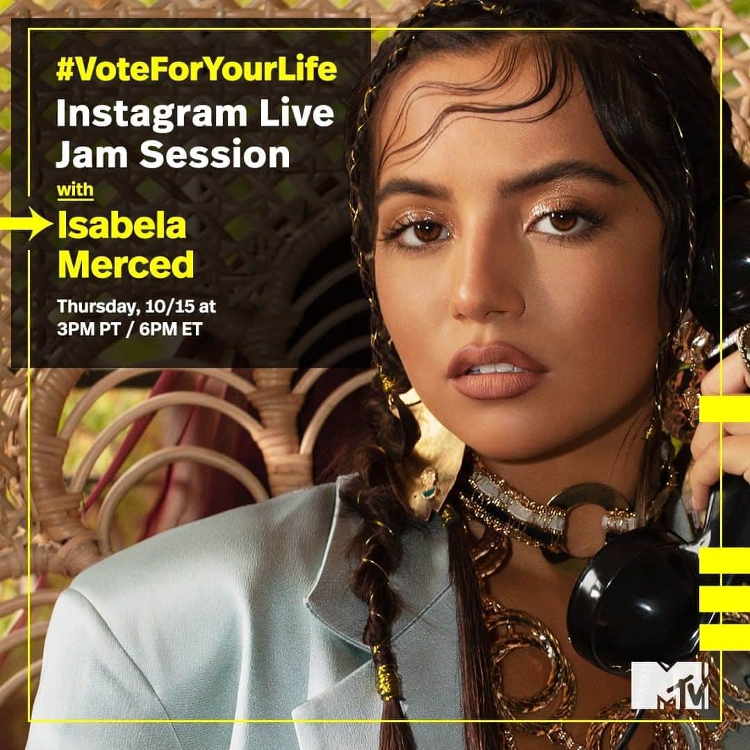 MTVさんのインスタグラム写真 - (MTVInstagram)「Just hours until @isabelamerced takes over my Instagram Live – and 19 days until Election Day ✔️ It's a special #VoteForYourLife jam session, coming up at 3pm PT / 6pm ET!」10月16日 3時05分 - mtv