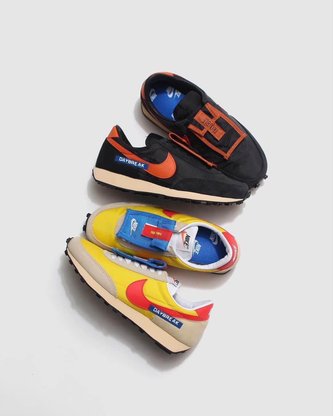 A+Sのインスタグラム：「2020. 10. 17 (sat) in store﻿ ﻿ ■NIKE WMNS DBREAK﻿ COLOR : BLACK/STARFISH-TEAM ROYAL , SPEED YELLOW/HABANERO RED﻿ SIZE : 23.0cm - 29.0cm﻿ PRICE : ¥11,000 (+TAX)﻿ ﻿ 1979年にオリジナルがリリース。OGと同じラバーワッフルアウトソールが特徴。軽量なナイロンアッパーを使用。一日中、快適な履き心地を提供。﻿ ﻿ Original released in 1979. It features the same rubber waffle outsole as the OG. Uses a lightweight nylon upper. Provides a comfortable fit all day long.﻿ ﻿ #a_and_s﻿ #NIKE﻿ #NIKEDBREAK﻿ #NIKEWMNSDBREAK﻿ #LOSTARCHIVE」