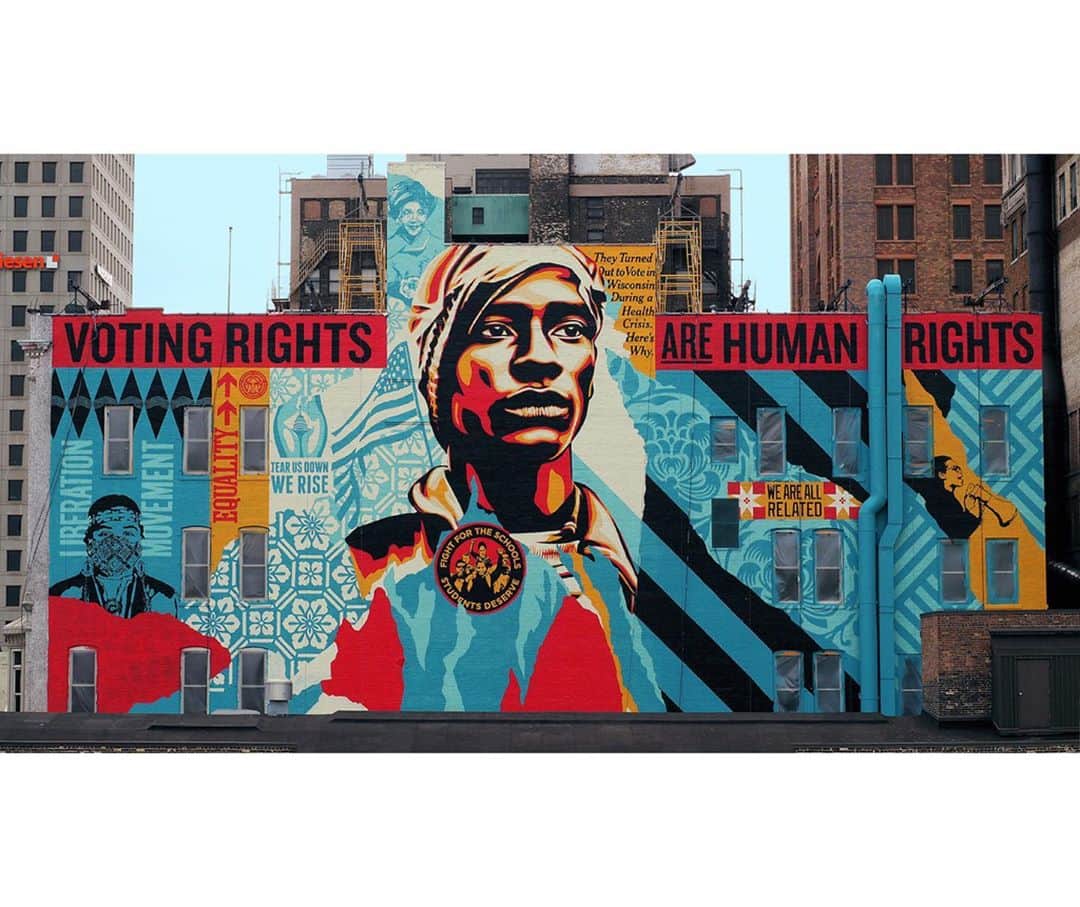 Shepard Faireyさんのインスタグラム写真 - (Shepard FaireyInstagram)「I'm proud that my team and I just completed this "Voting Rights Are Human Rights" mural in Milwaukee, collaborating with five Wisconsin artists. The artists Tyanna Buie @tyanna_buie, Niki Johnson @nikijohnsonstudio, Tom Jones @tom_jones_cax_shep_ska, Claudio Martinez @claudiomke, and Dyani Whitehawk @dwhitehawk, all address social issues in their art and were willing to contribute work to the mural as an alliance of voices pushing for civic participation and progress. The mural's central figure is based on a mid-60's civil rights march photo by Steve Schapiro. I chose that image as the focal point for the mural because many of the voting rights advances made by the civil rights movement have been under attack. Though we face voter suppression in many places in the nation, voter suppression has been especially prevalent in Wisconsin and often targets communities of color. I want to thank Stacey and Niki from @wallpaperedcity for their hard work and perseverance in facilitating this project, Patti, the building owner, for providing the wall and her amazing hospitality, Black Box Fund @blackboxfundmke for financial support of the project. A big thanks to my crew of Dan Flores, Nic Bowers, Rob Zagula, and Luka Densmore for working long hours through some windy and damp weather to complete the mural in four days. Thanks to Jon Furlong @jonathanfurlong for shooting photos and helping to paint when needed. In our short time in Milwaukee, we met (with social-distancing) many friendly and enthusiastic Milwaukee residents. I want to go back post-pandemic for a real hang and exploration in Milwaukee! -Shepard  Photos: Shot 1 & 2 - @jonathanfurlong Shot 3 - @nikijohnsonstudio」10月16日 2時02分 - obeygiant