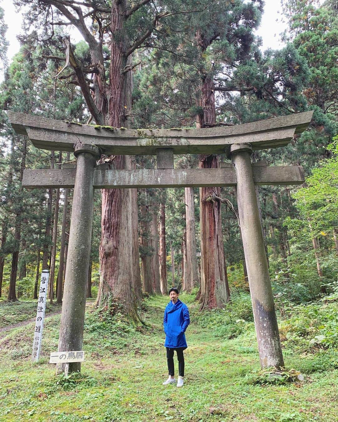 百瀬俊介のインスタグラム：「やってきました松峰神社⛩ 大館市で最古の神社です。 太くて高さ50mを超える秋田杉に囲まれて溢れるマイナスイオン✨ これぞパワースポット🔥 位置情報が登録されてないのは残念だけど神秘的な場所でした。 観光資源発掘の旅！ つづく…  #松峰神社 #大館 #観光資源 #マイナスイオン #パワースポット #🌲」