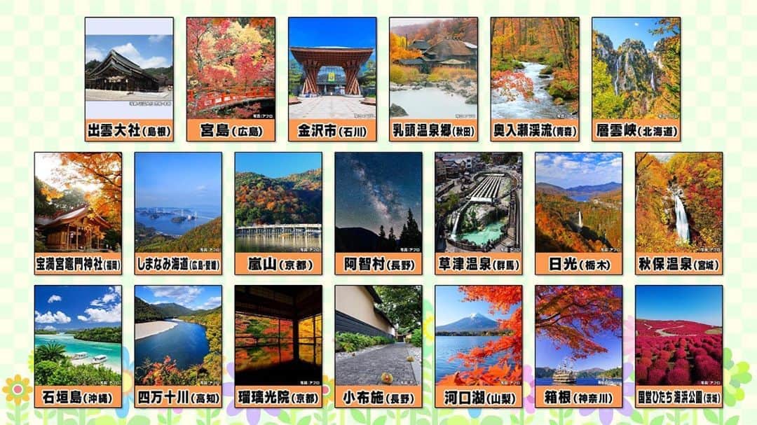 日本テレビ「ヒルナンデス！」さんのインスタグラム写真 - (日本テレビ「ヒルナンデス！」Instagram)「このあと放送 超限定マーケティング‼️  旅行代理店スタッフ198人が本気で選んだ この秋注目の日本の観光スポットTOP10  こちらの20か所から TOP10に入ると思う観光スポットを みなさんも予想してください！  #ヒルナンデス #超限定マーケティング #行楽の秋」10月16日 12時13分 - hirunandesu_ntv_official