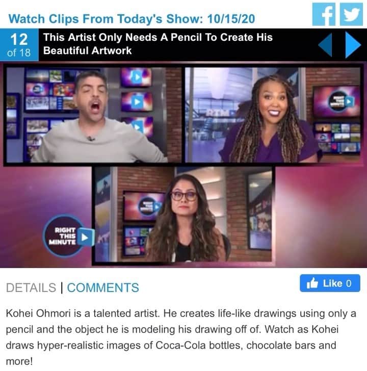大森浩平のインスタグラム：「今日 アメリカのTV番組で紹介してもらえたらしい、そんな予定 知らなんだ！ そろそろまた動かないとだな…。   YouTube：大森 浩平・Kohei Ohmori Twitter：kohei6620  #RightThisMinute #pencildrawing #drawing #hyperrealism #realism #illustration #metallic #artwork #sketch #dessin #art #スーパーリアリズム #イラスト #デッサン #スケッチ #アート #鉛筆画 #写実画 #鉛筆 #絵」