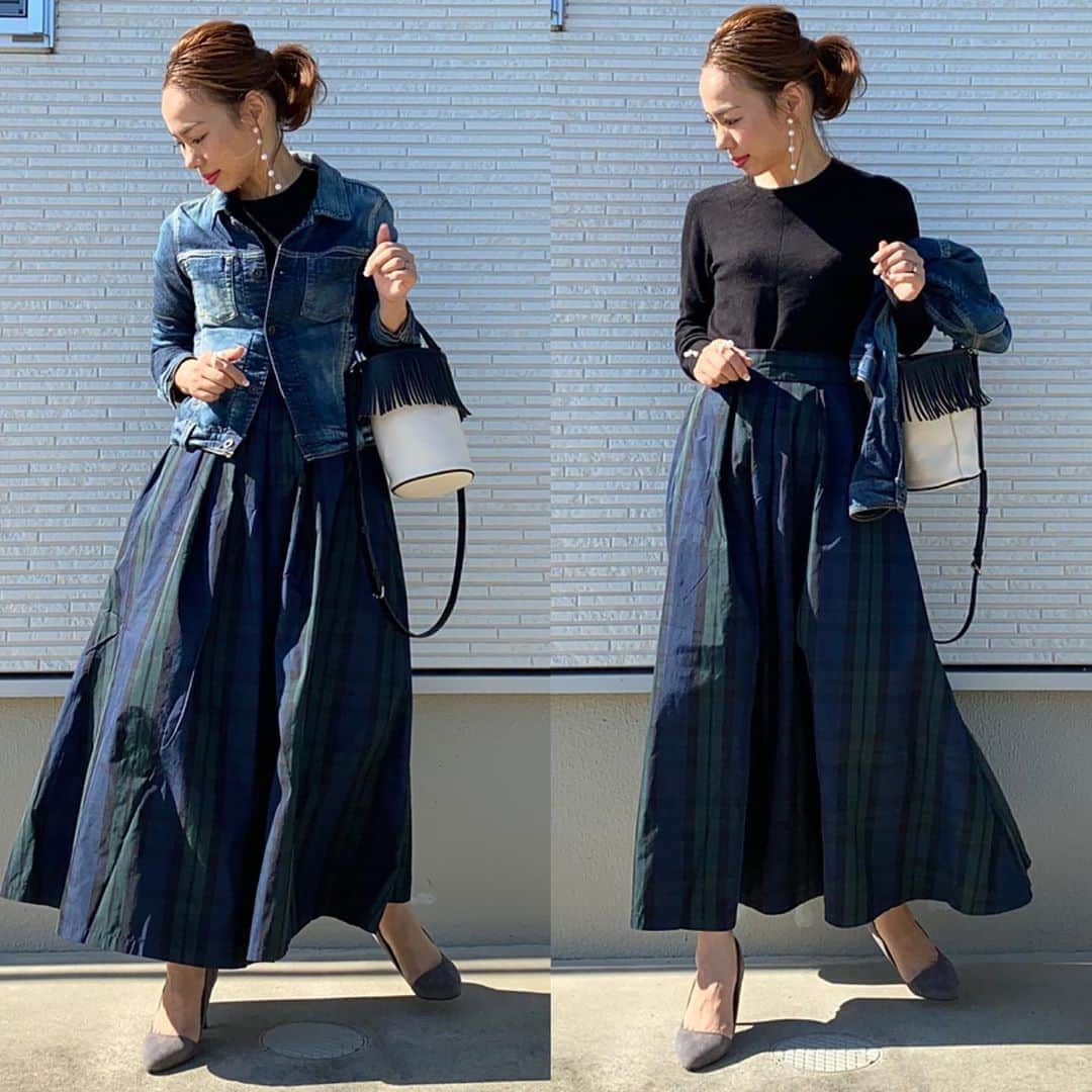 のインスタグラム：「おはよ🐔 _______________________ @trefleplus さんの素敵スカート👗 タフタ素材で大好きなチェック😍 outer／ @yanuk_official  tops／#zara bag／#ayakobag  pierce／#keimade ______________________________ #locari#mamagirl#大人カジュアル#ママコーデ#カジュアルコーデ#153cmコーデ#大人ファッション#アラフォーコーデ#おちびコーデ#オトナカジュアル#大人コーデ #低身長コーデ #zaraコーデ#きれいめカジュアル#ザラジョ#大人カジュアルコーデ #プチプラコーデ #カジュアルコーデ #カジュアル#ミディアムヘア#ローポニー#秋コーデ#デニムコーデ #yanuk#gジャン#スカートコーデ#40代コーデ」