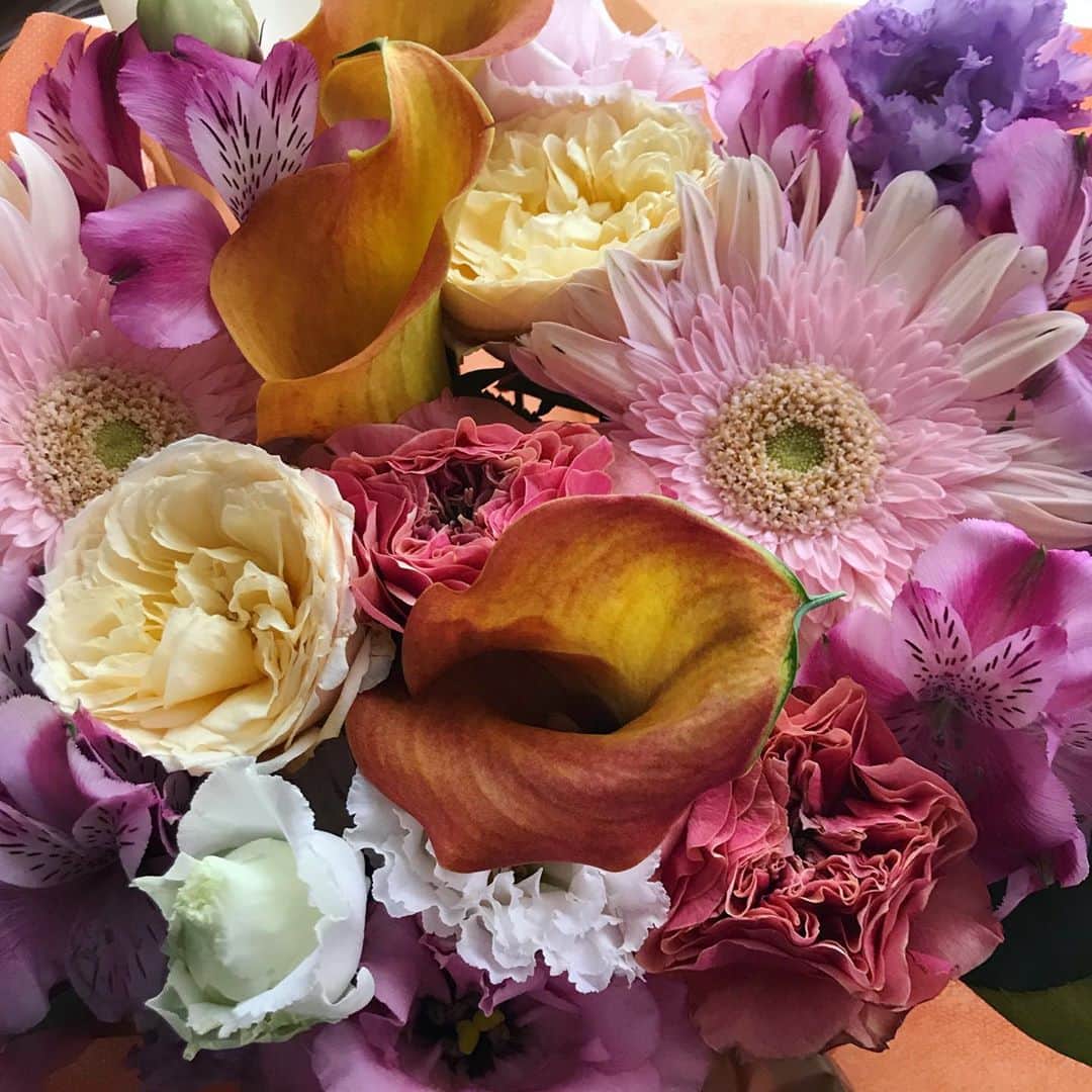 青山恭子のインスタグラム：「. 花っていいね…💛🧡🤍💗💜 . . . #花っていいね #今年は特に #花のパワーに癒される #家時間が増えたから #家時間を楽しもう #花のある暮らし #植物のある暮らし #私の癒し」