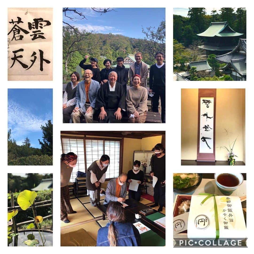 岡まゆみのインスタグラム：「北鎌倉円覚寺での書道始まりました。 穏やかで笑顔絶えない時間。 本日のお題は「雲外蒼天」 ＜雲を突き抜けた先には青空が広がっている。努力して苦しみを乗り越えれば、素晴らしい世界が待っている＞ 初心者ですが、心を込めて書きました。 #北鎌倉円覚寺#書道#雲外蒼天#岡まゆみ」