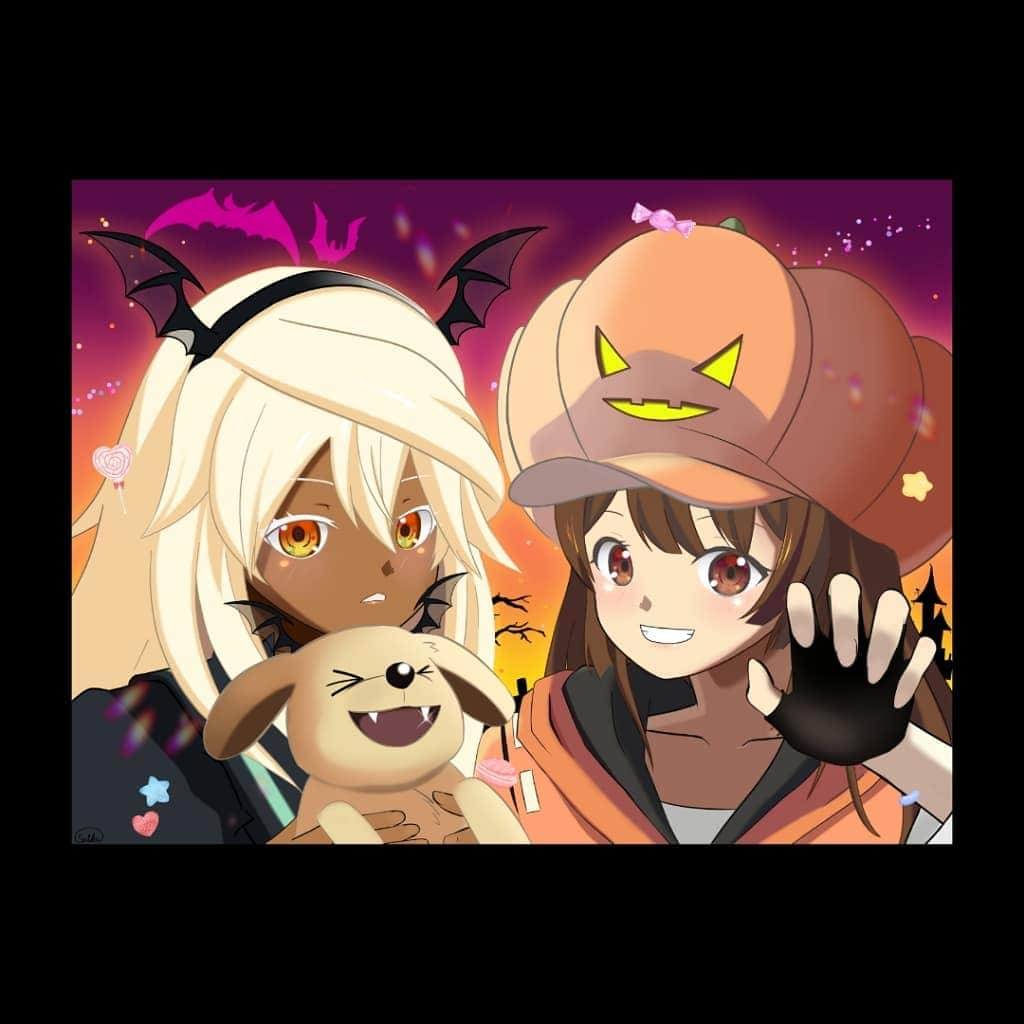 服部彩加のインスタグラム：「✨🦇🎃HAPPY HALLOWEEN🎃🦇✨ ギルティギアのラムレザルとメイを描いたよ!! 素敵なハロウィンを過ごそう～(ﾉ*°▽°)ﾉ✨✨  今日は19:00～OPENRECでコスプレしてギルティギア配信するからコスプレ見るだけでも!! 遊びに来てね～😉♥✨  #ギルティギア #guiltygear #GGST #ゲーム #game #格ゲー #格ゲーキャラ描こうぜ  #fanart #may #ラムレザル #メイ #ramlethal」