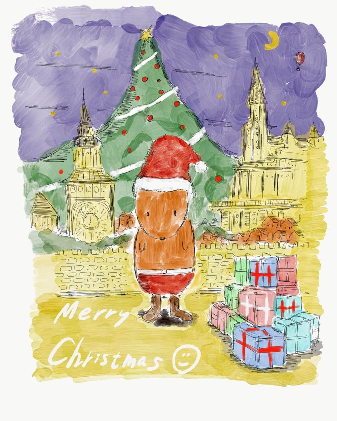古市憲寿のインスタグラム：「絵本 #ピンポンパンポンプー の予約特典のクリスマスカード用に、こんな絵を描きました。左下にもメッセージ書けます。裏には中居画伯のハロウィンみたいなイラストが。　#ニュースな会」
