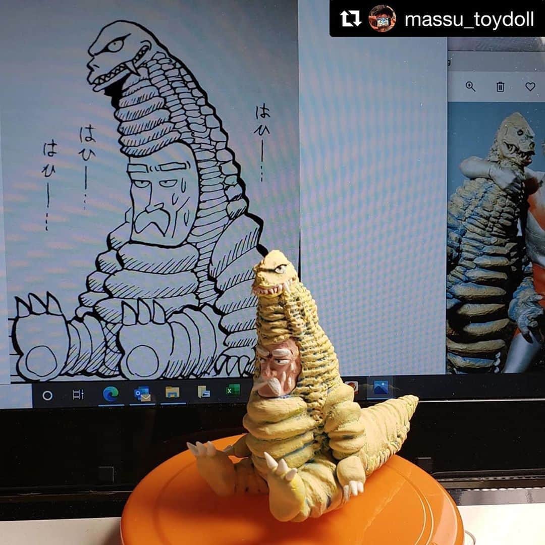 江口寿史のインスタグラム：「あはは！サイコー🤣  #Repost massu_toydoll with @get_repost ・・・ とどのつまりがコレ🎵 ・ #粳寅満次 #うるとらまんじ #すすめパイレーツ #江口寿史 #レッドキング #紙粘土 #紙ねんど #1399  ・ ちょっと似なかったなぁ😅。着流しの方は頭部に比べて身体が大きく且つ相撲の親方衆のような体型になってしまった💦。 ・ とりあえず完成。」