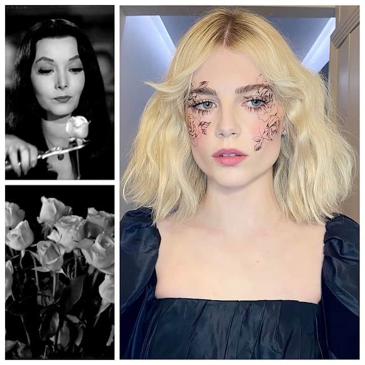 JO BAKERのインスタグラム：「L U C Y • B O Y N T O N 🇬🇧 FLeurred lines... with dolly inspired blush and lip on #lucyboynton 🥀 We are still deep in #spookyseason ... hope you like this #morticiaaddams viscous seasonal inspo !!  Style @leithclark @chanelofficial  Hair colour @mwselley  Hair @halleybrisker  Makeup by me #jobakermakeupartist using @shiseido @chanel.beauty and @lisaeldridgemakeup on cheeks and  lip - colour is #velvetmuse & #velvetbeauty mixed together 💋」