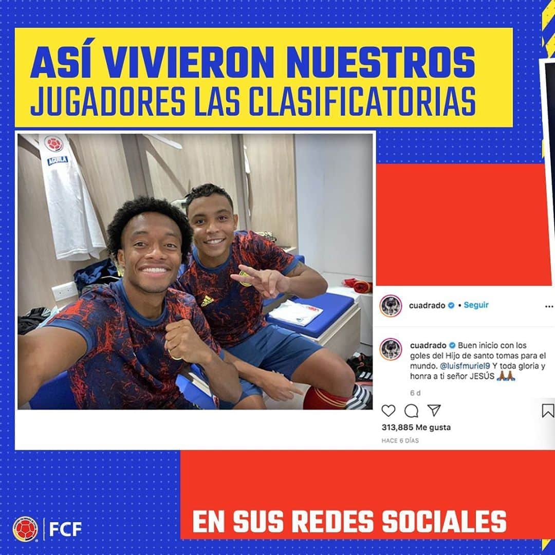 サッカー コロンビア代表チームのインスタグラム：「📸 ➡️ Así vivieron nuestros jugadores en sus redes sociales las jornadas 1 y 2 de las Clasificatorias a Catar 2022 🇶🇦   #VamosColombia 🇨🇴」