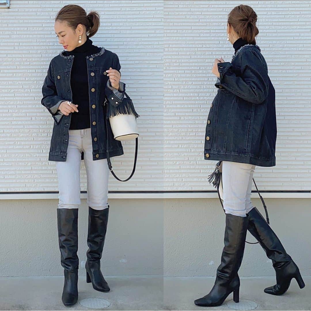 のインスタグラム：「昨日のヘアアレンジ沢山保存してもらってる🙉🙈🙊💦 もっとちゃんと撮ればよかった🤣 ____________________________ @argo_tokyo_official  さんのノーカラービッグGジャン❤️ ノーカラーだからプルオーバーとか合わせてもかわいいな😊 tops／ @uniqlo  pants／#zara  shoes／ @milaowen_official  bag／ @ayako_bag  pierce／#keimade ______________________________ #locari#mamagirl#大人カジュアル#カジュアルコーデ#153cmコーデ#大人ファッション #シンプルコーデ #おちびコーデ#オトナカジュアル#大人コーデ #低身長コーデ #zaraコーデ#きれいめカジュアル#ザラジョ#プチプラコーデ #ブラックコーデ #ユニクロコーデ #ユニクロ #カジュアルコーデ #カジュアル#スキニー#ミディアムヘア#ロングブーツ #milaowen#モノトーンコーデ #ayakobag#ポニーテール#ユニクロ購入品」