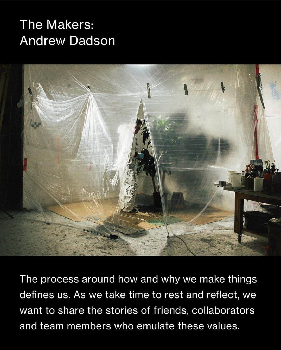 ウィングスアンドホーンズさんのインスタグラム写真 - (ウィングスアンドホーンズInstagram)「The Makers · Andrew Dadson⠀ ⠀ The process around how and why we make things defines us. As we take time to rest and reflect, we want to share the stories of friends, collaborators and team members who emulate these values.⠀ ⠀ We revisit the work of Andrew Dadson, an artist we collaborated with in 2017 to produce a showroom installation titled, Black Plants. Part of a larger series, the piece explores Dadson's ongoing curiosity with abstracting the concept of time and space via different mediums.⠀ ⠀ Treating the physical world as his canvas, he paints over natural forms such as houseplants or outdoor landscapes, with organic biodegradable coatings, to figuratively frame a moment in their existence. As they grow and return to their natural state, the layer of paint cracks, sheds, and exposes a reversal of the original artwork. ⠀  To Dadson, this process reflects our human effect on the landscape, the tension between how we rearrange and displace nature, and our underlying responsibility to the world we inhabit. As a microcosm of our relation to nature's cycle, his works revolve around the states of change and how we engage with what is constantly in flux.⠀ ⠀ #wingsandhorns #themakers」10月16日 23時51分 - wingsandhorns