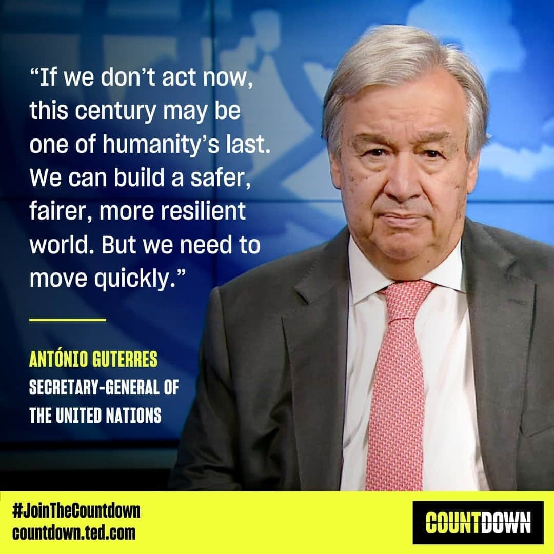 TED Talksのインスタグラム：「Yes, we can fight off the worst effects of climate change, says @UnitedNations Secretary-General @AntonioGuterres, but we must start working towards a carbon-neutral world now. In a @TEDCountdown talk, Guterres shares six actions that governments, companies and individuals must take to reach net-zero emissions by 2050. Watch it at the link in our bio.」