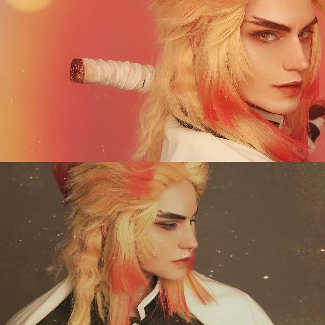 Gesha Petrovichのインスタグラム：「🔥 Congrats #KNY movie release🔥 #kyojurorengoku 煉獄 杏寿郎 Wig: @geshacos Ph: @diemaru Supporting future projects  with best boi❤️☀️👉 patreon.com/geshacos #kny #cosplay #kimetsunoyaibacosplay #geshacoser #鬼滅の刃」