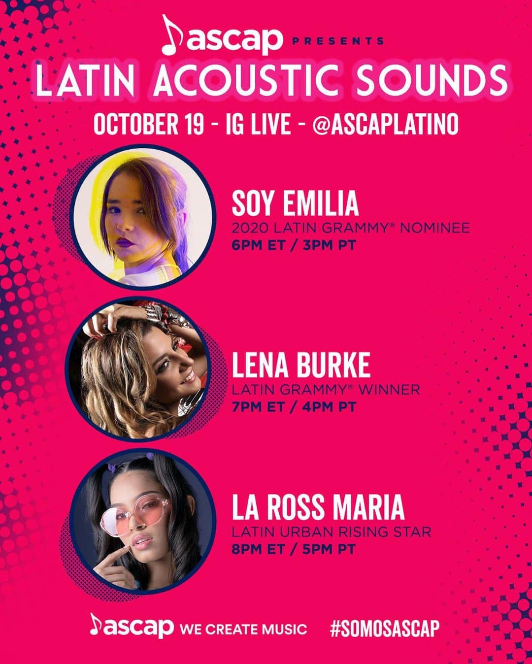 ASCAPさんのインスタグラム写真 - (ASCAPInstagram)「This Monday we’re kicking off #BillboardLatinWeek with a 🔥🔥🔥 showcase on @ascaplatino’s IG LIVE starring @soyemiliamusica @lenaburkemusic & @rossmariaofficial. Swipe left for times & details & follow @ascaplatino so you don’t miss it. #SomosASCAP」10月17日 3時58分 - ascap