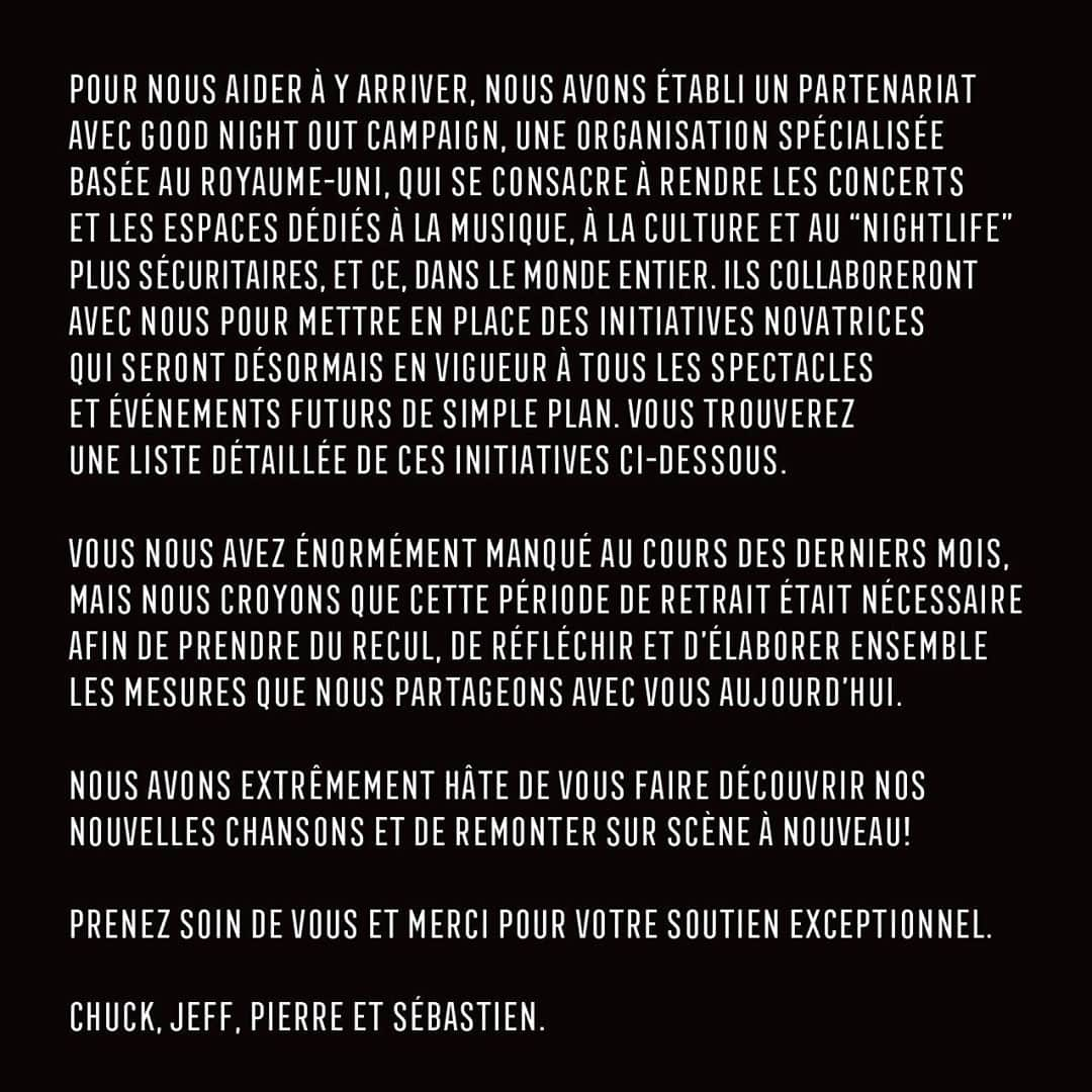 Simple Planさんのインスタグラム写真 - (Simple PlanInstagram)「Vous trouverez la version française de notre déclaration en glissant vers la gauche ci-dessus et sur SimplePlan.com/guidelines. Merci.  Chuck, Jeff, Pierre et Sébastien.」10月17日 5時24分 - simpleplan