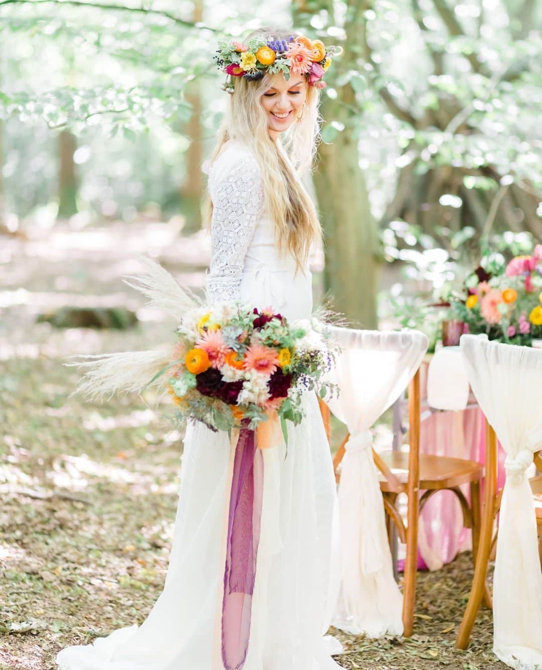 ミナのインスタグラム：「Love the light and modern style wedding photography of @nataliestevensonphoto and the splash of colour created by @saras.events.flowers. This woodland photo shoot is now on the blog. Link in bio.⁠ ⁠ Photographer: @nataliestevensonphoto ⁠ Flowers and styling: @saras.events.flowers ⁠ Stationery: @tiggityboo ⁠ Candles: @kissaircandles ⁠ Chairs/table, cutlery: @classiccrokery ⁠ Linen Napkins: @queenandeden ⁠ Accessories: @rachelsokhalbridal ⁠ MUA and Hair style: @itsdianamua ⁠ Model: @jojo_ellenx ⁠ ⁠ ⁠ ⁠」