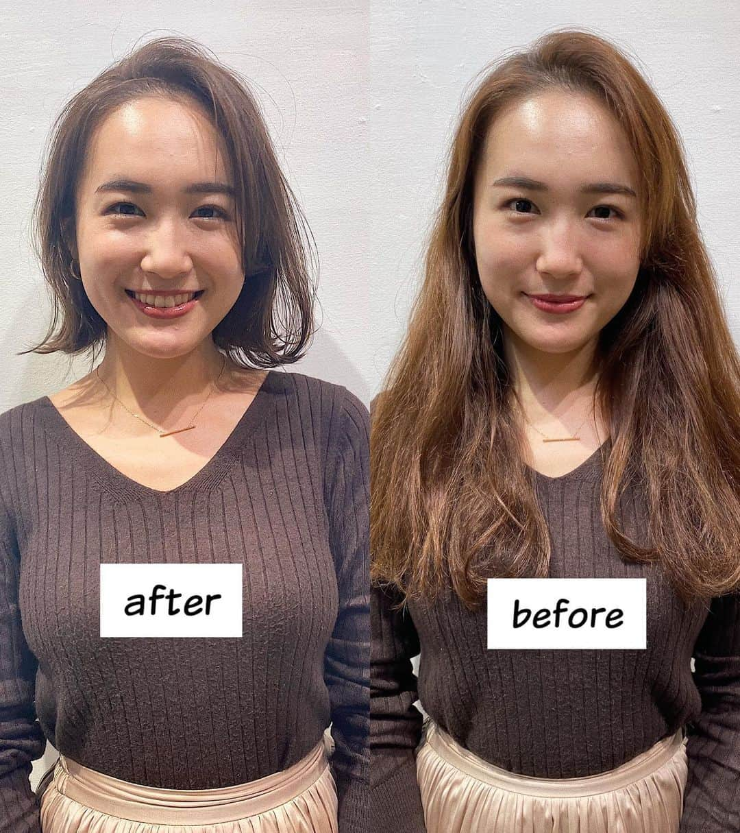 中野英菜のインスタグラム：「Before ✂︎ After✨  私は髪質的にめちゃ細くて 柔らかくて猫っ毛なので、ロングも大好きだけど 傷んでしまうためついに切ることを決心✨  阿部さん(@abe0106 )の手にかかれば こんなに大人ミディアムショートになります♡  お洋服もオシャレに見えるし これからの季節首つまりのお洋服も似合いそう！ すっごくお気に入りです🥰  たぶん25cmくらい切ったかなぁ！ ほんと垢抜けるし、阿部さんカット最高♡ Freeraの皆さん有難う御座いました！  スワイプすると、動画などで変貌っぷり載せてあります！(私と阿部さんカット中もすごい楽しそうww)  #ニューヘア #ショート #ミディアムボブ #ミディアムショート #前髪なし #表参道 #フリーラ」