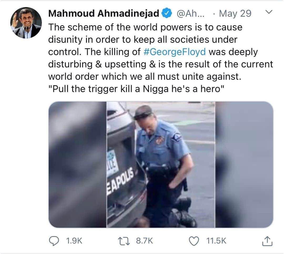 レイ・アレンのインスタグラム：「So, I was doing some research  on the Israeli-Iranian conflict and I bumped into the former president of Iran’s twitter account, #Ahmadinejad. Regardless of what his politics were or still are, the killing of #GeorgeFloyd was felt throughout the whole world as everyone had a front row seat. We need to understand that no matter what happens in America it affects the whole world. The eyes of the world are on us and they are watching what happens to us over the next month. No matter how inconvenient it may be, we all must exercise out civic duties and vote. It is time that we put our big brother pants back on! All this talk of, we only take care of ourselves crap is not the way to go. When we all succeed the world is a better place. A rising tide floats all boats.  Oh and can someone tell #ahmadinejad that using the n-word ain’t cool ! ✊🏾 #vote #thetimeisnow #peace #unity #tupac @morethanavote」
