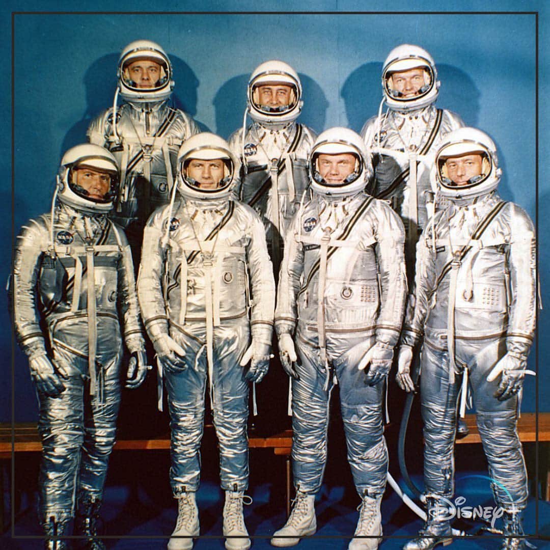 パトリック・J・アダムスのインスタグラム：「Episode 3 of #therightstuffseries is up on @disneyplus today! Here’s a side by side of the real Mercury 7 and our Mercury 7.  Back row- Alan Shepard, Gus Grissom, Gordon Cooper Front Row- Wally Schirra, Deke Slayton, John Glenn, Scott Carpenter」
