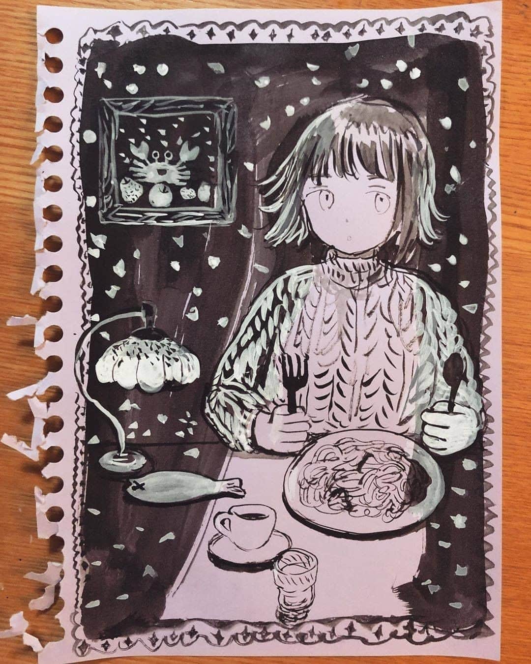 のインスタグラム：「背景をSUMI INK、細かい部分をBLACK INKとWHITE INKで描いてくださいました！この頃グッと寒くなってきたのでニットの洋服がしっくりきます。壁面のカニも気になるし、味わい深い絵でいつまでも見ていられます。  This painting was painted with a ZIG INKTOBER SPECIAL INK SET! The crabs on the wall are interesting.  It's an atmospheric painting that you'll want to look at forever.  Art by: @mi_na_ha_mu  Made with: 1.ZIG INKTOBER SPECIAL INK SET 2.ZIG Cartoonist MENSO BRUSH KOLINSKY SMALL 3.隈取筆 白毛 小  #kuretake_inktober #kuretake #kuretakezig #inkart #inkdrawing #inktober2020 #inktober #illustration #illust #painting #paint #呉竹 #インクトーバー #インクトーバー2020 #イラスト」